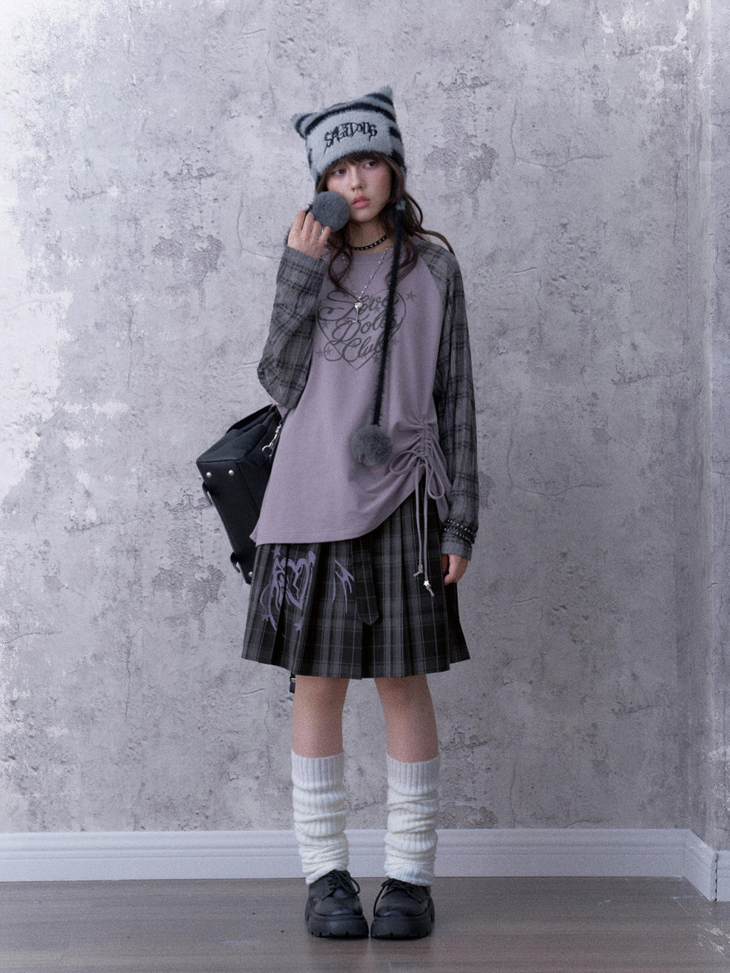 SagiDolls Textured Raglan Sleeve Print Drawstring Loose Fit Women's Cotton Long Sleeve T-shirts