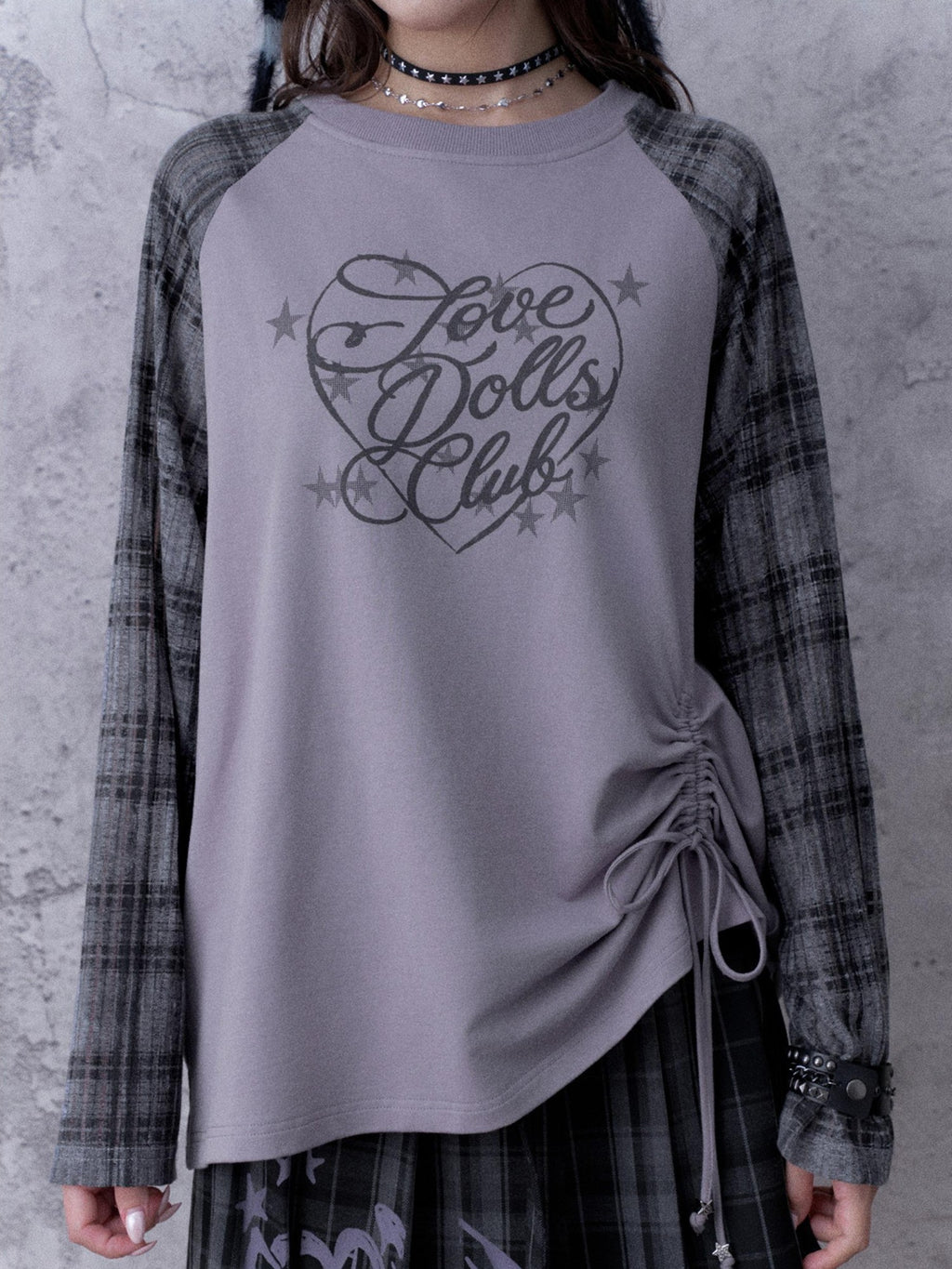 SagiDolls Textured Raglan Sleeve Print Drawstring Loose Fit Women's Cotton Long Sleeve T-shirts