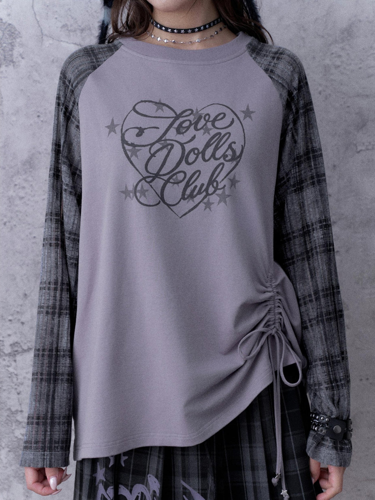 SagiDolls Textured Raglan Sleeve Print Drawstring Loose Fit Women's Cotton Long Sleeve T-shirts
