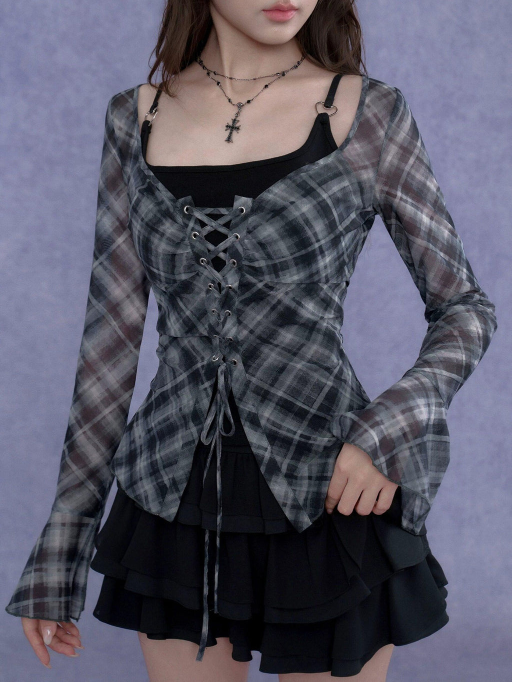 SagiDolls Tie Front Square Neck Printed Plaid Bell Sleeve Women's Mesh Poly Blend Blouses