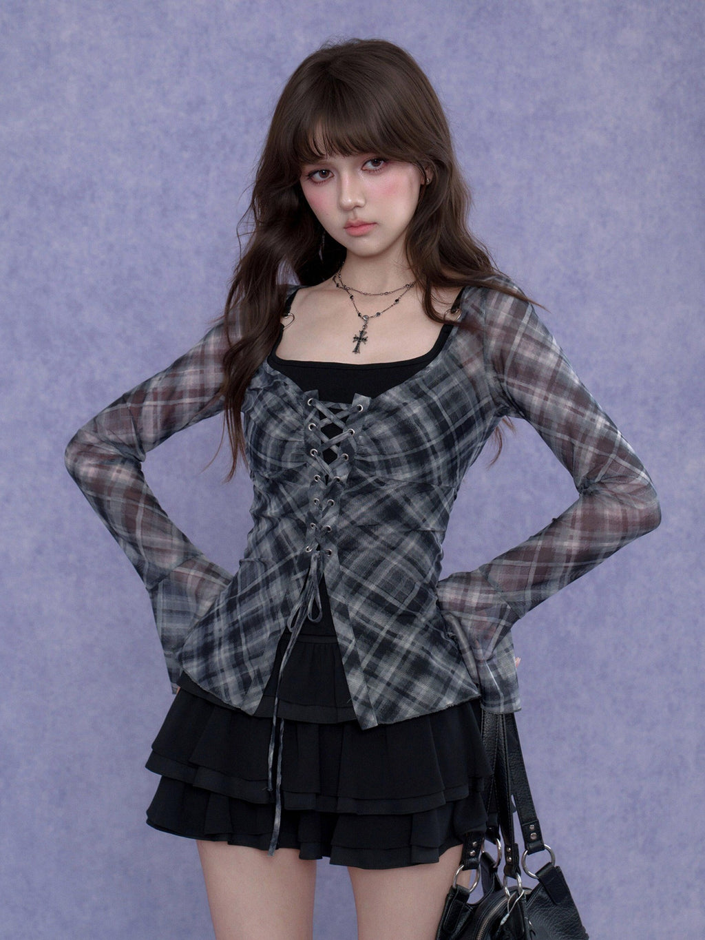 SagiDolls Tie Front Square Neck Printed Plaid Bell Sleeve Women's Mesh Poly Blend Blouses