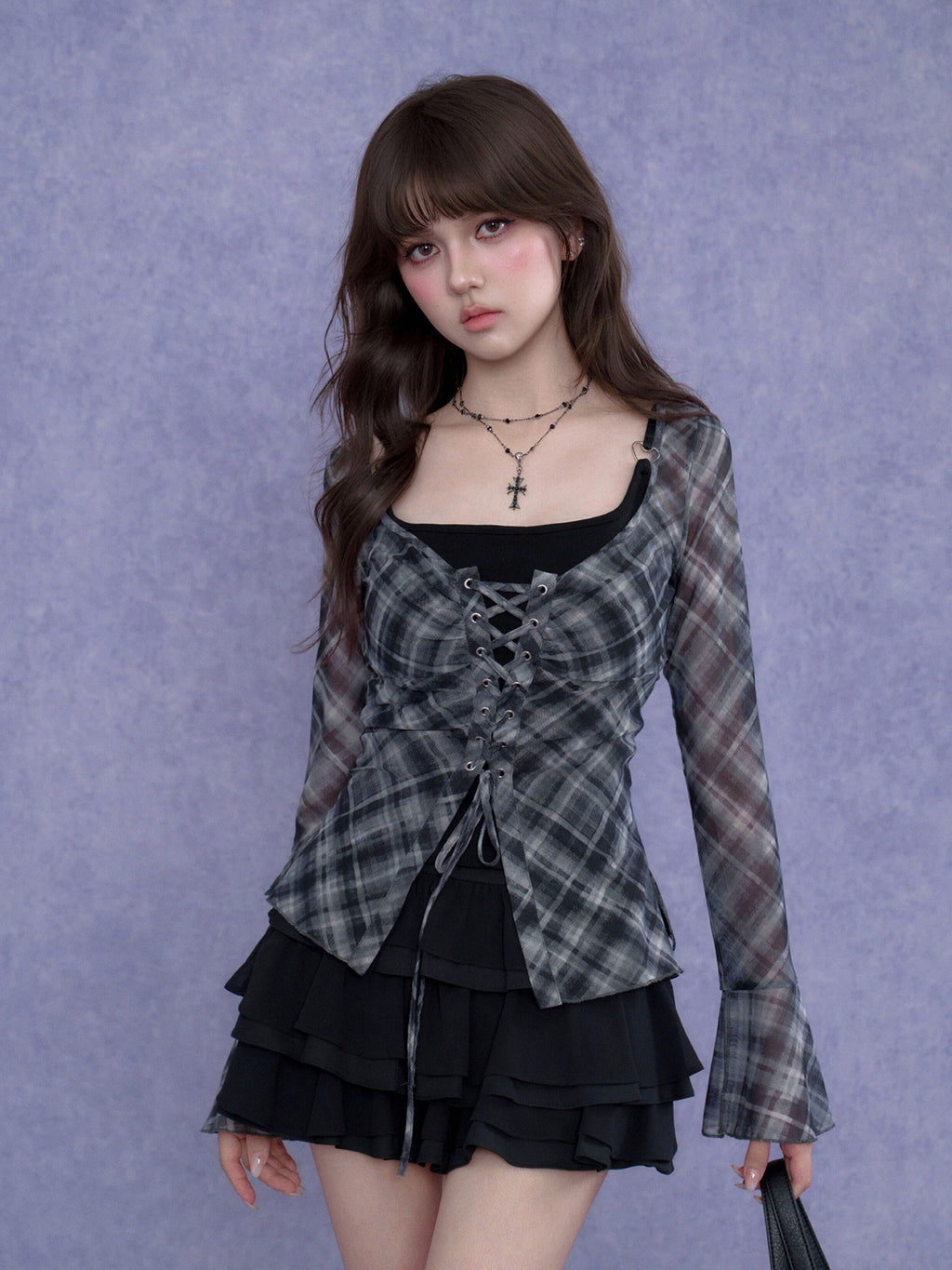 SagiDolls Tie Front Square Neck Printed Plaid Bell Sleeve Women's Mesh Poly Blend Blouses