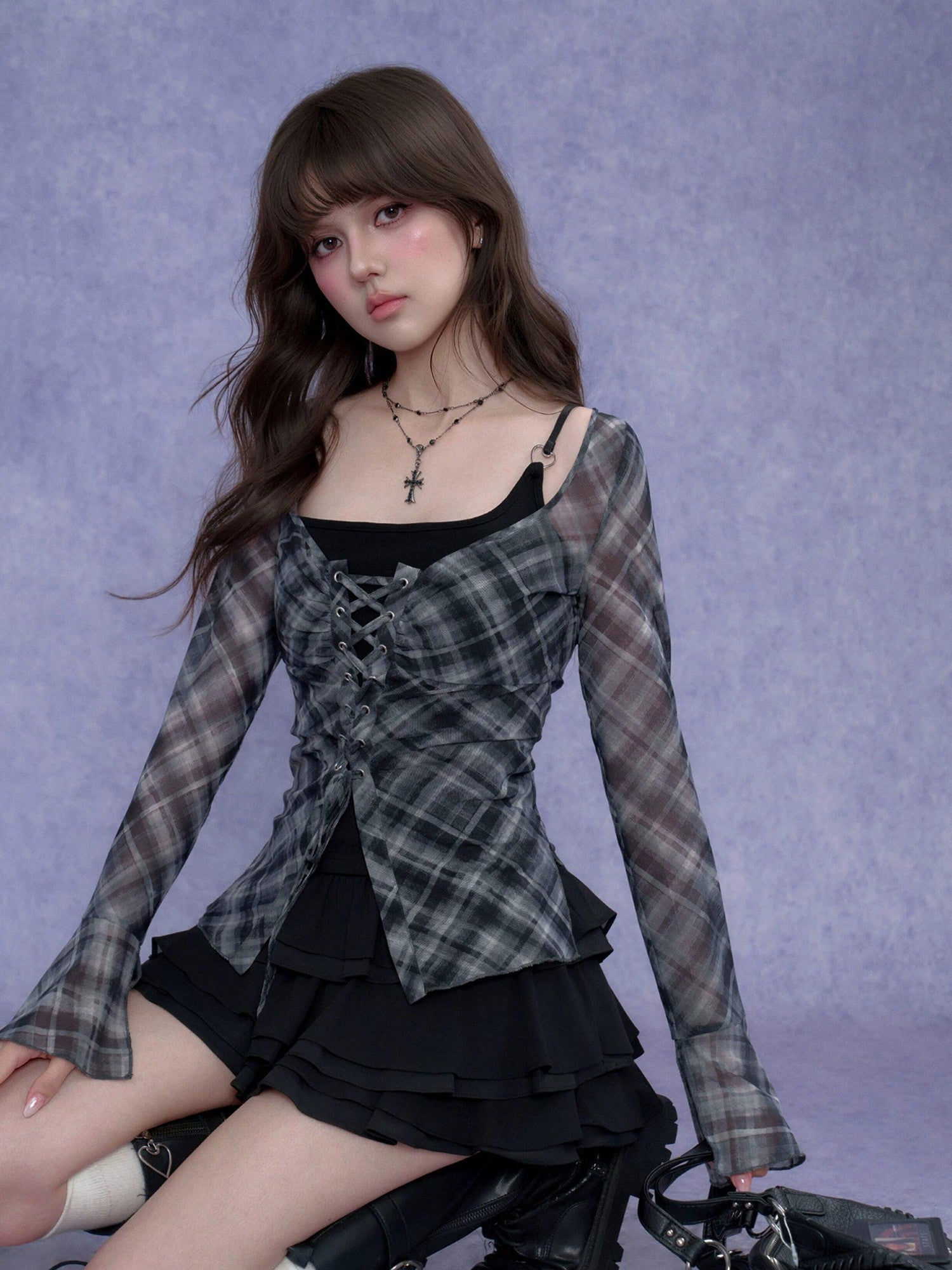 SagiDolls Tie Front Square Neck Printed Plaid Bell Sleeve Women's Mesh Poly Blend Blouses