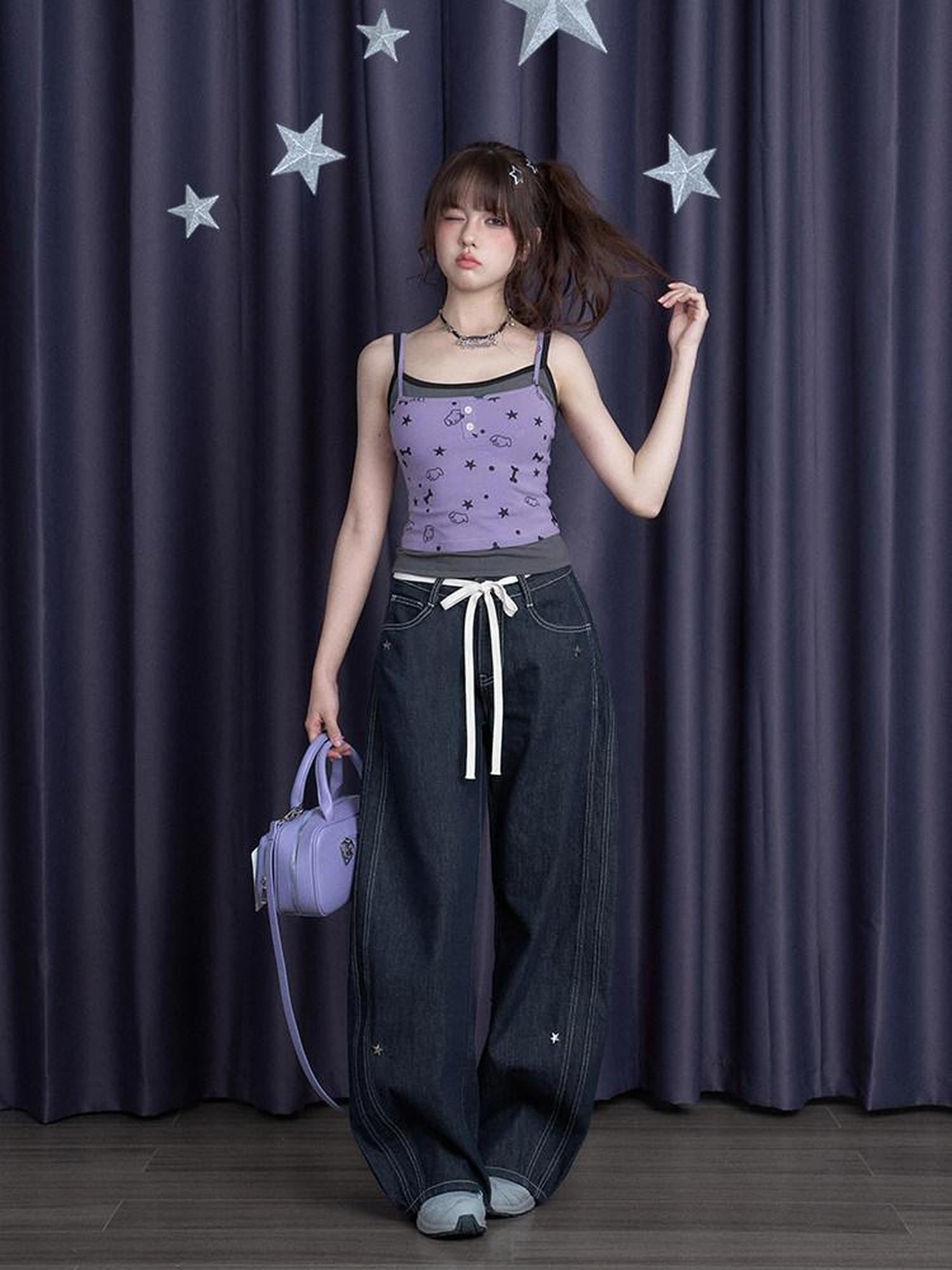 SagiDolls Two Tone Dog Print Patchwork Faux Two Piece Women's Viscose Spandex Tank Tops