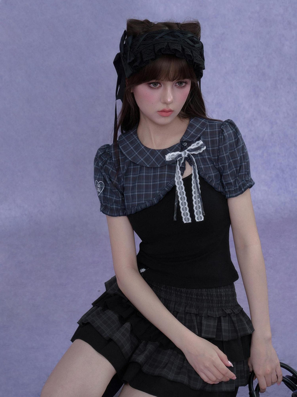 SagiDolls Two Tone Plaid Puff Sleeve Bow Buttoned Cropped Women's Polyester Camisoles