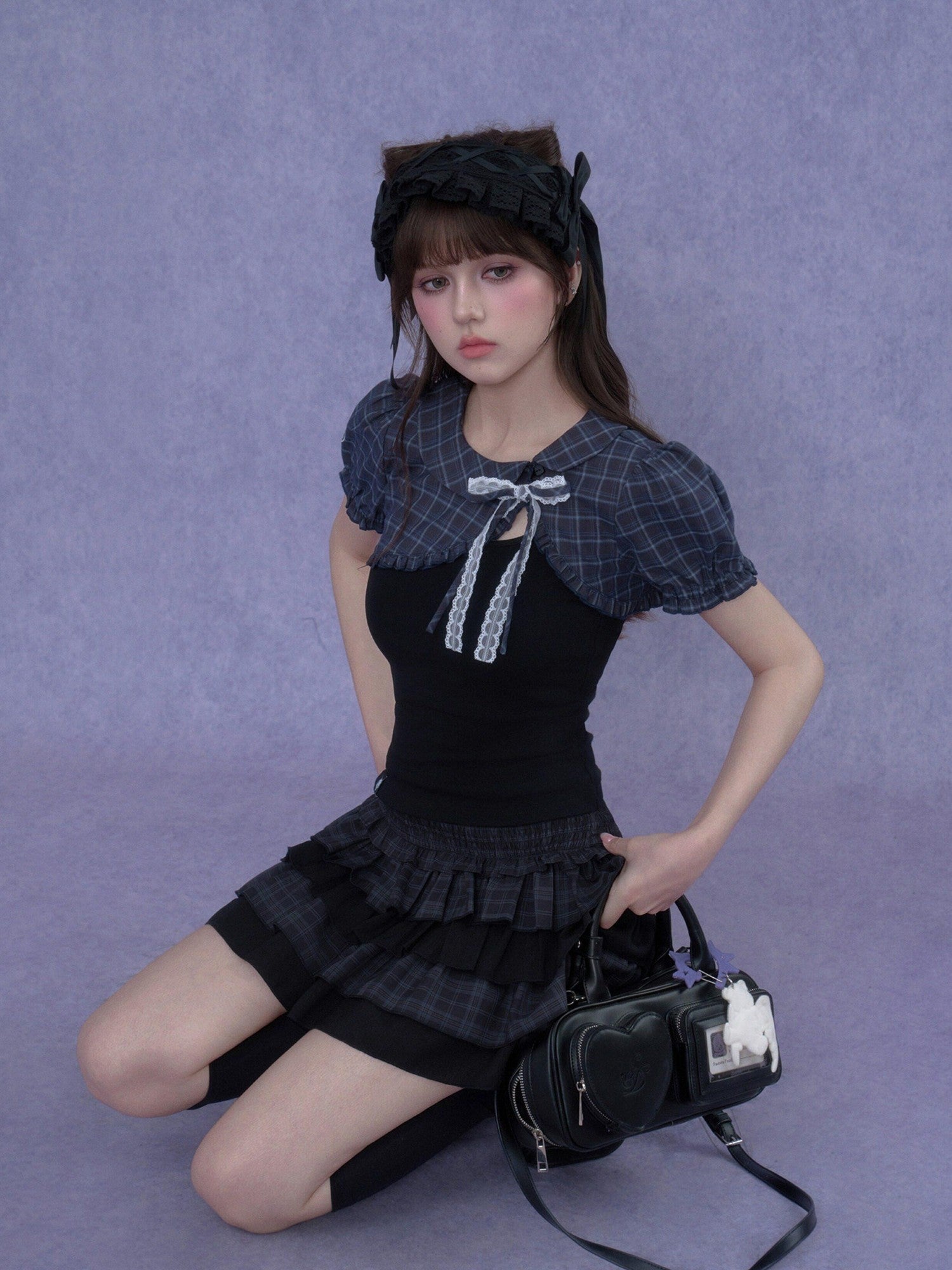 SagiDolls Two Tone Plaid Puff Sleeve Bow Buttoned Cropped Women's Polyester Camisoles