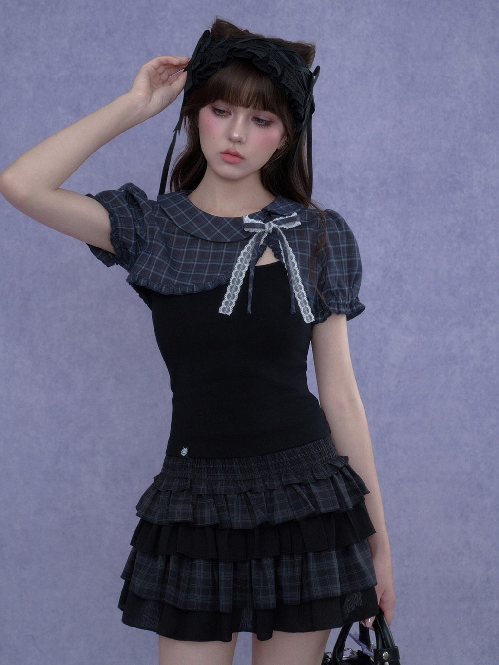SagiDolls Two Tone Plaid Puff Sleeve Bow Buttoned Cropped Women's Polyester Camisoles
