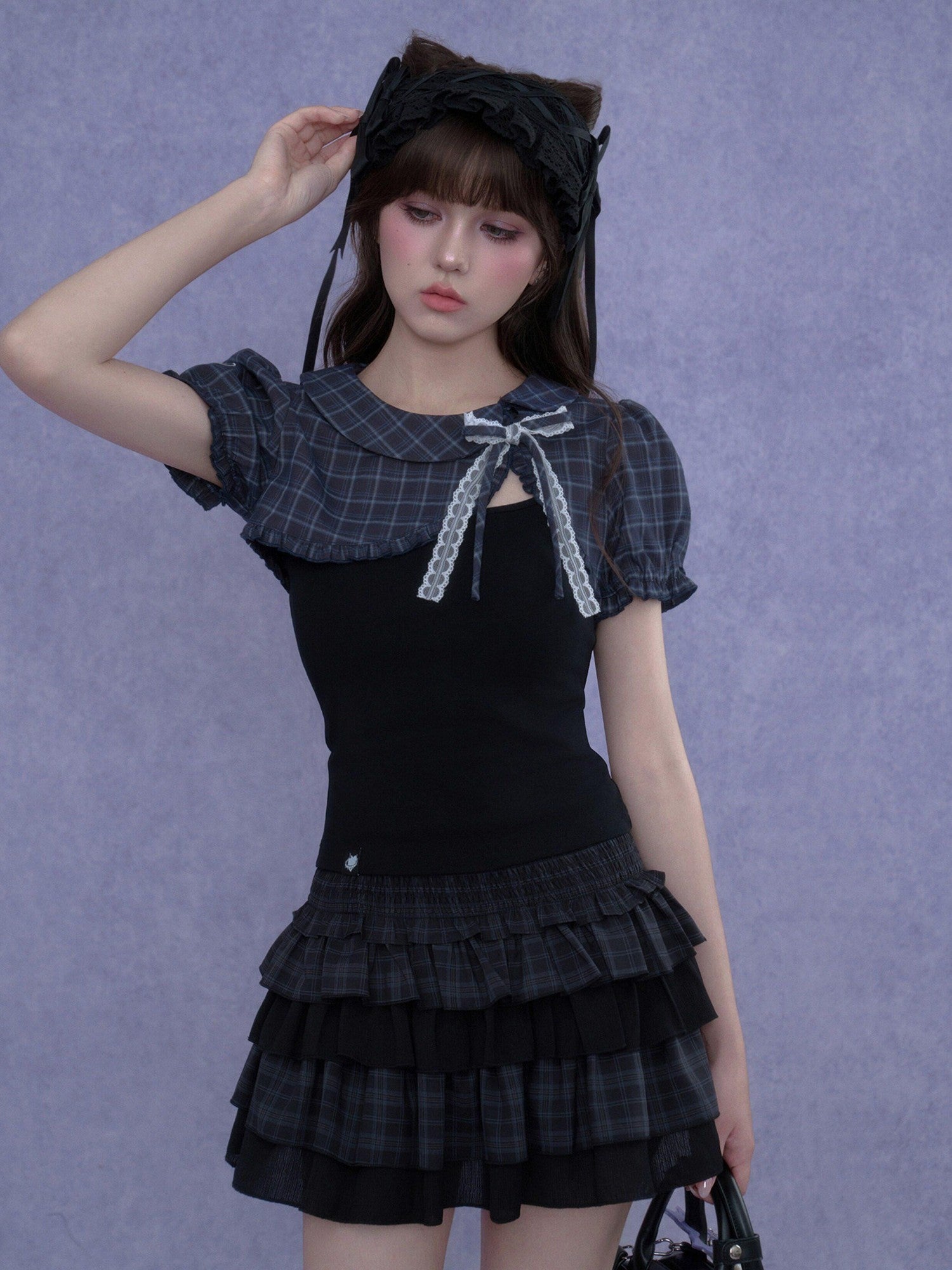 SagiDolls Two Tone Plaid Puff Sleeve Bow Buttoned Cropped Women's Polyester Camisoles