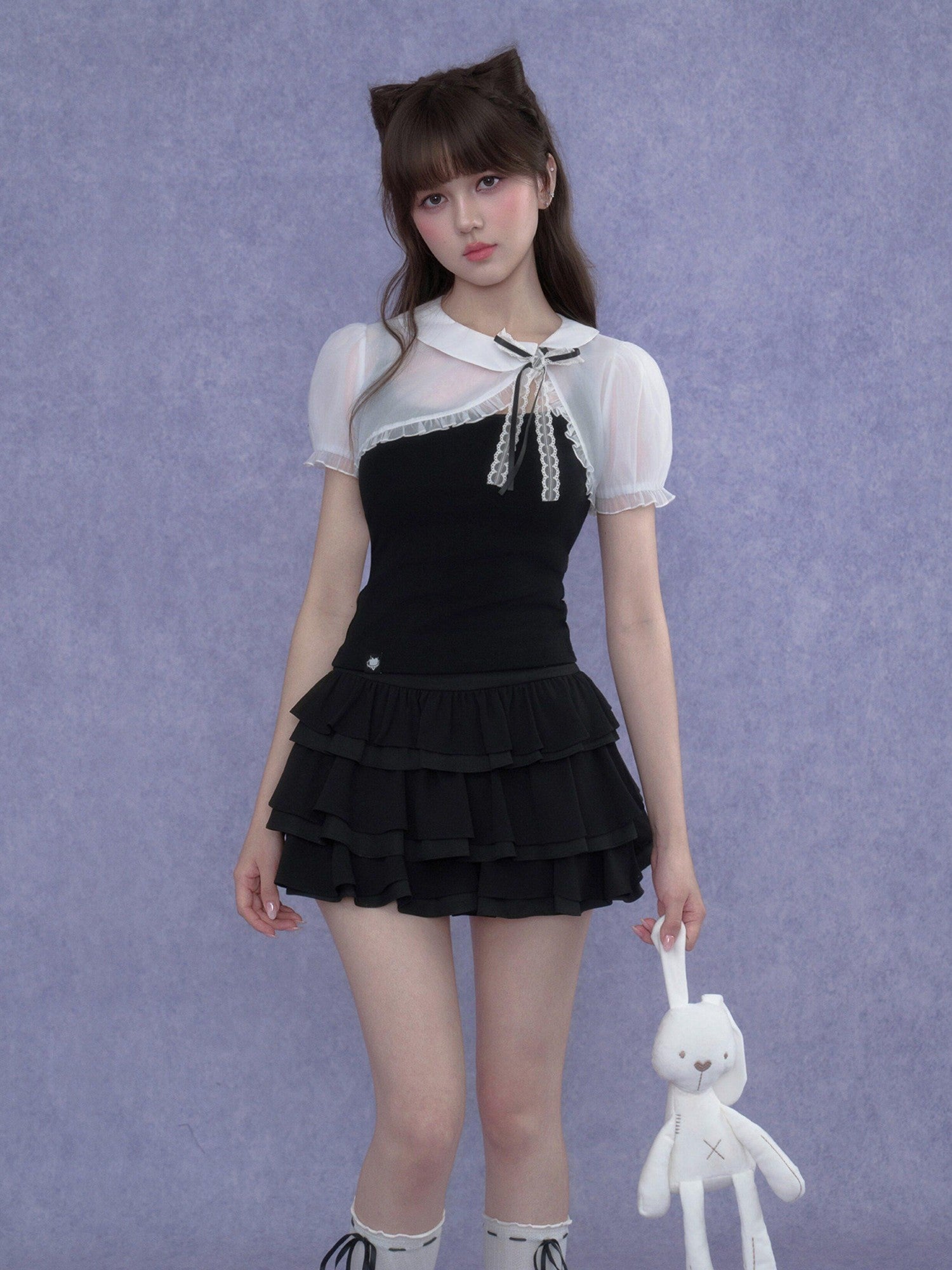 SagiDolls Two Tone Plaid Puff Sleeve Bow Buttoned Cropped Women's Polyester Camisoles