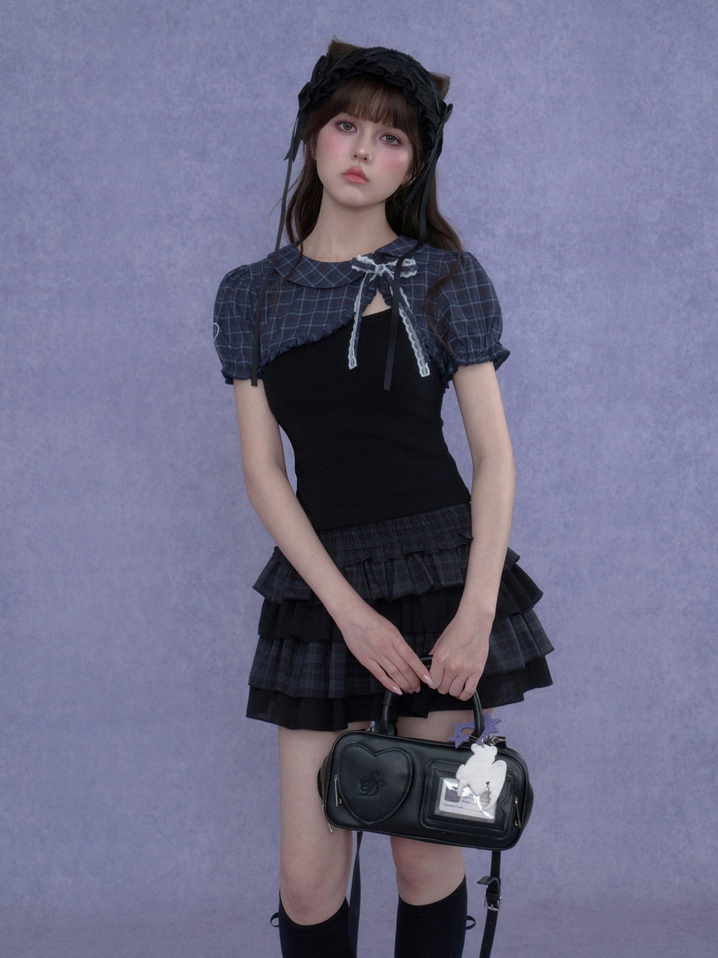 SagiDolls Two Tone Plaid Puff Sleeve Bow Buttoned Cropped Women's Polyester Camisoles
