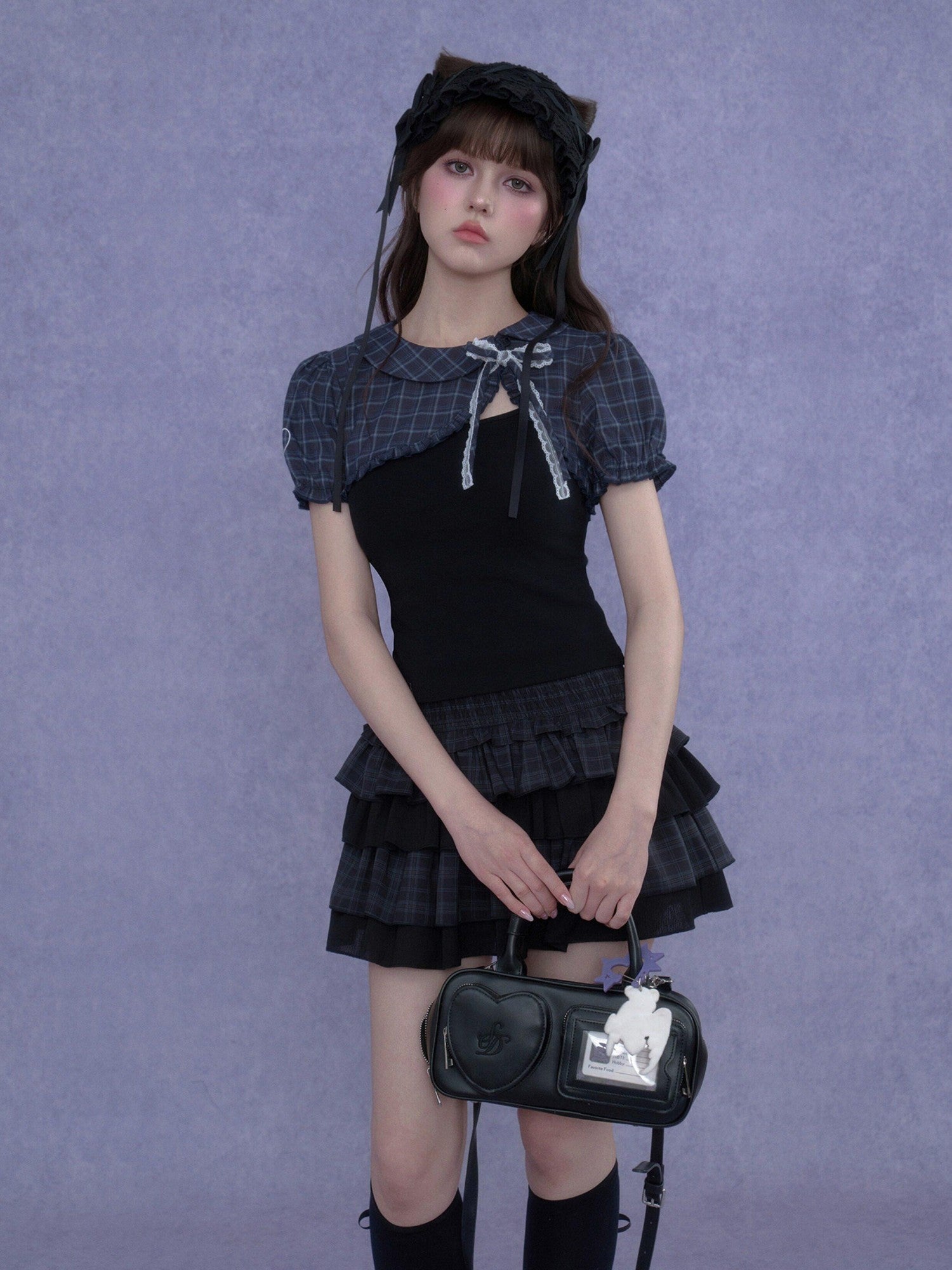 SagiDolls Two Tone Plaid Puff Sleeve Bow Buttoned Cropped Women's Polyester Camisoles
