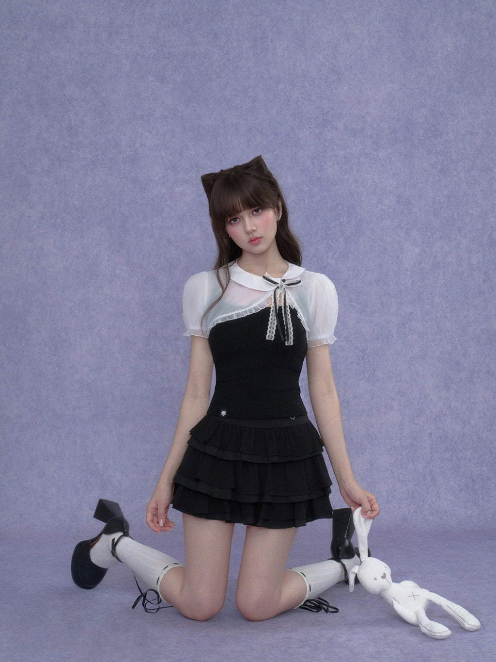 SagiDolls Two Tone Plaid Puff Sleeve Bow Buttoned Cropped Women's Polyester Camisoles