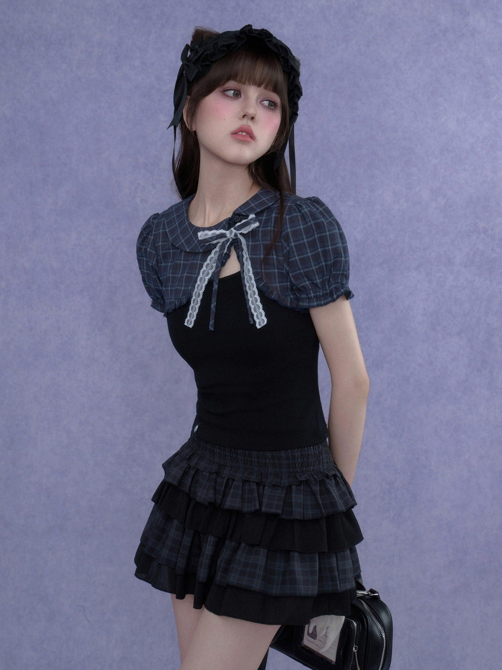 SagiDolls Two Tone Plaid Puff Sleeve Bow Buttoned Cropped Women's Polyester Camisoles
