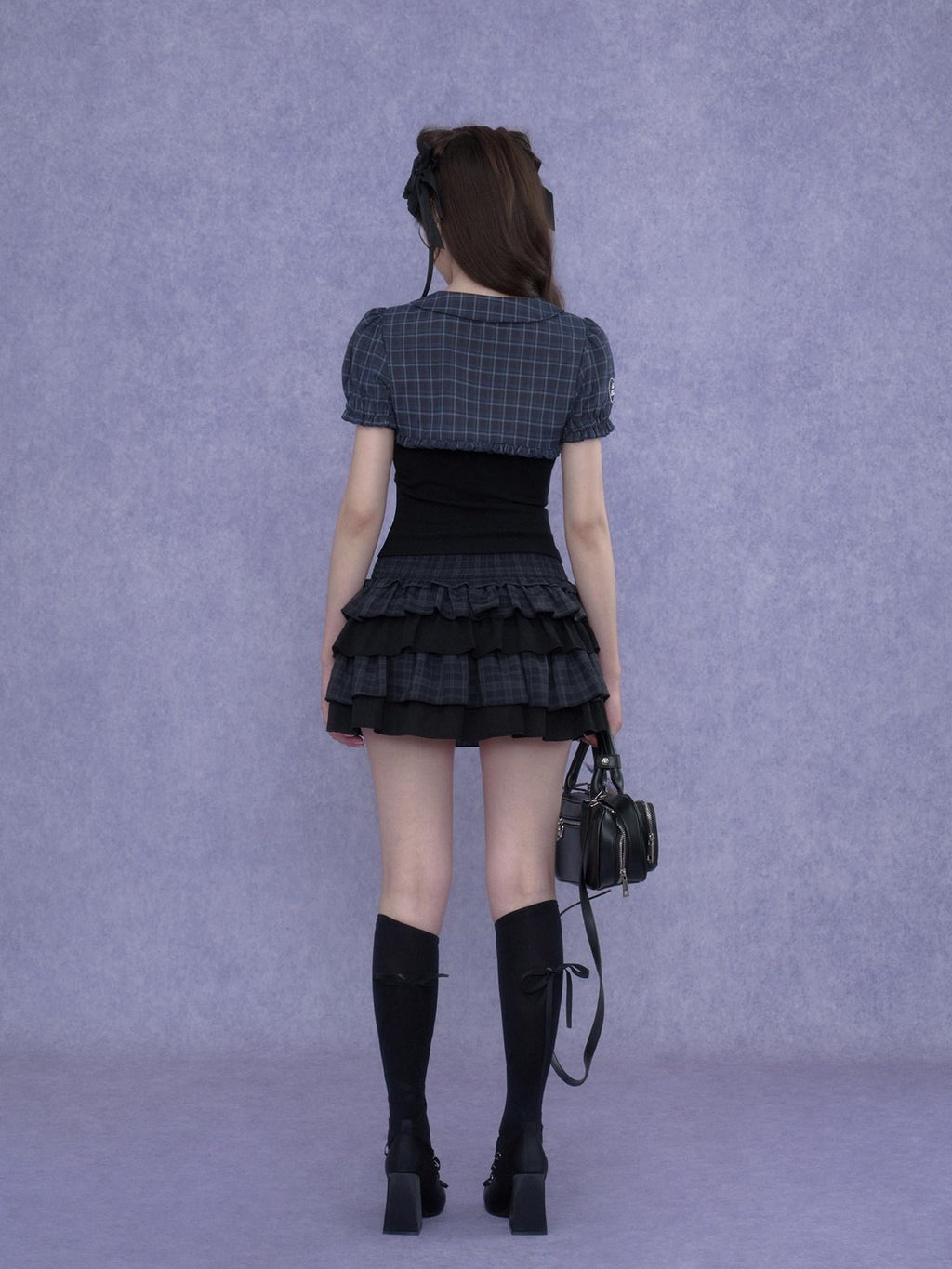 SagiDolls Two Tone Plaid Puff Sleeve Bow Buttoned Cropped Women's Polyester Camisoles