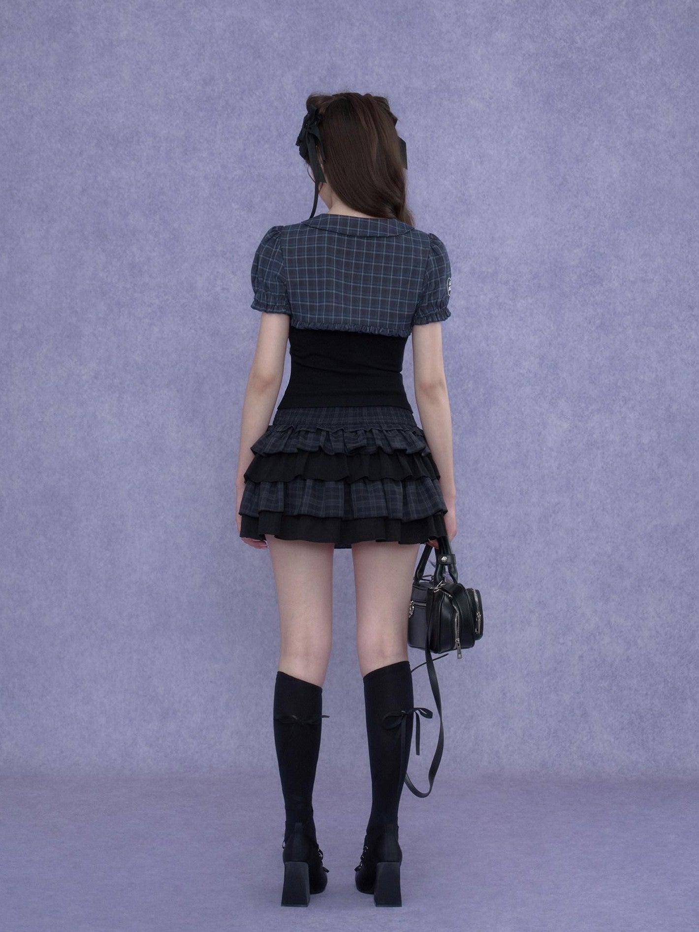 SagiDolls Two Tone Plaid Puff Sleeve Bow Buttoned Cropped Women's Polyester Camisoles