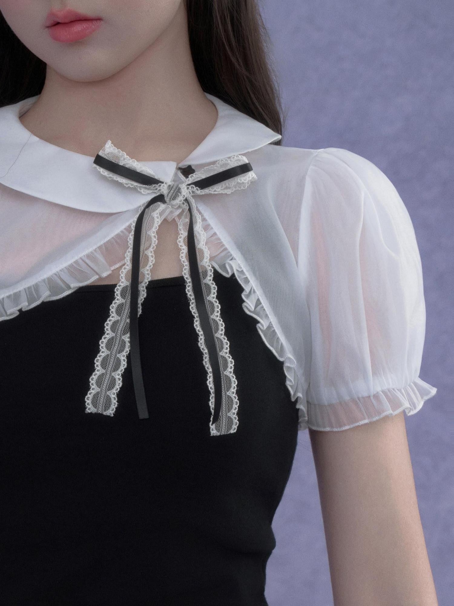 SagiDolls Two Tone Plaid Puff Sleeve Bow Buttoned Cropped Women's Polyester Camisoles