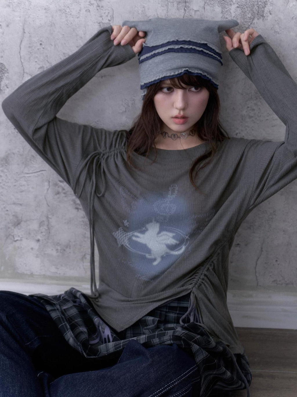 SagiDolls Unicorn Print Drawstring Asymmetric Women's Long Sleeve T-shirts