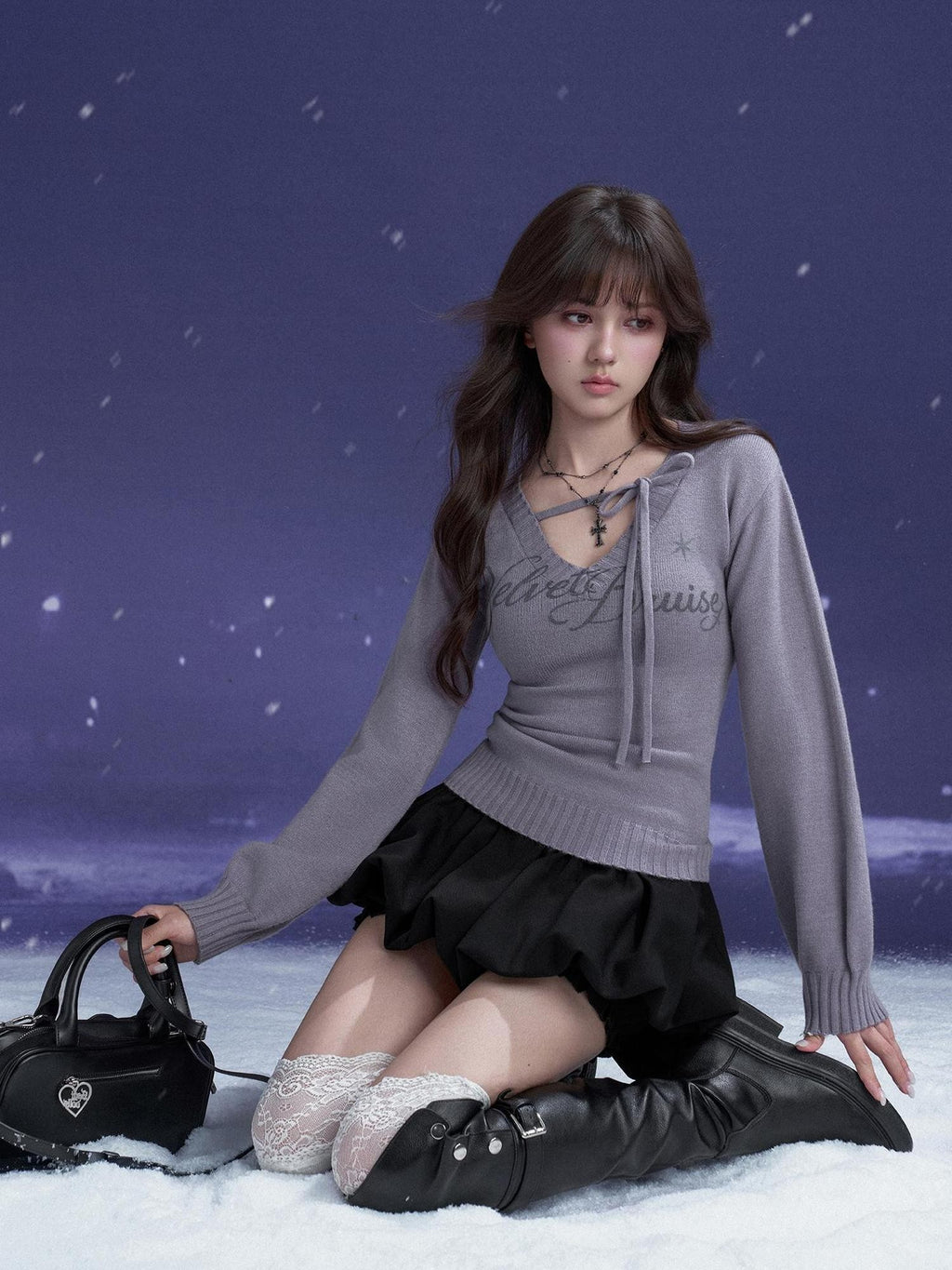 SagiDolls V-neck Lace Up Letter Print Lantern Sleeve Women's Polyester Sweaters