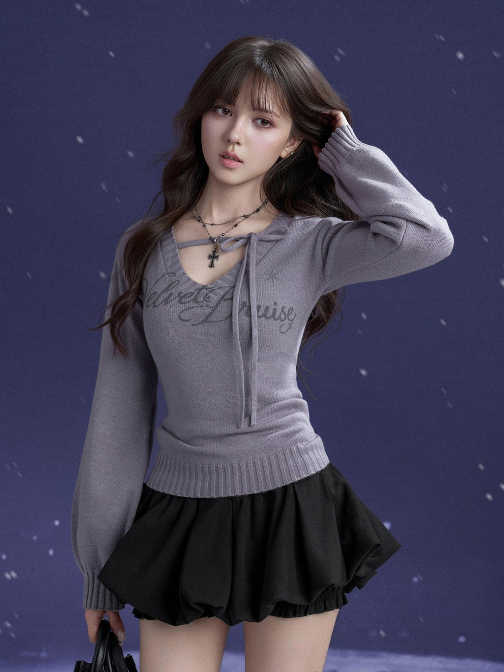 SagiDolls V-neck Lace Up Letter Print Lantern Sleeve Women's Polyester Sweaters