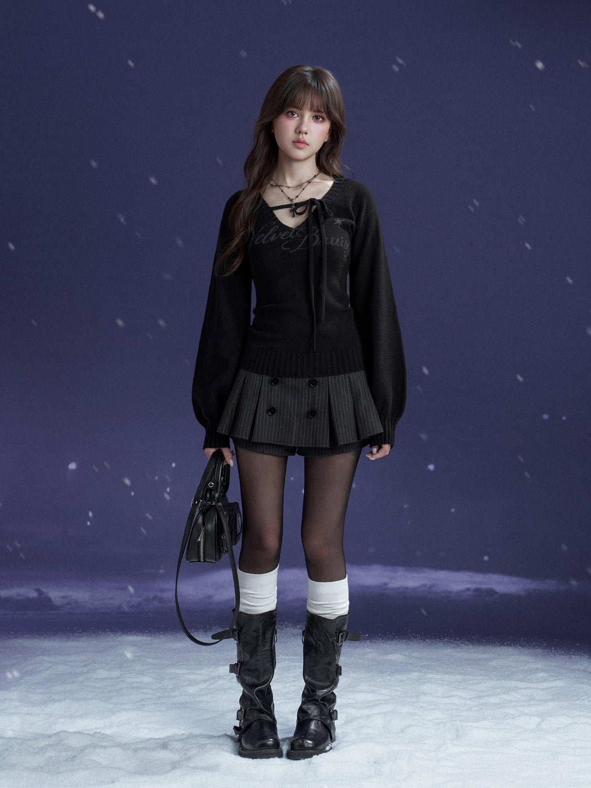 SagiDolls V-neck Lace Up Letter Print Lantern Sleeve Women's Polyester Sweaters