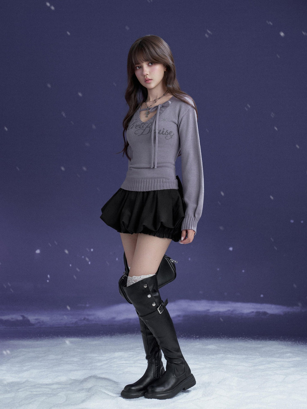 SagiDolls V-neck Lace Up Letter Print Lantern Sleeve Women's Polyester Sweaters