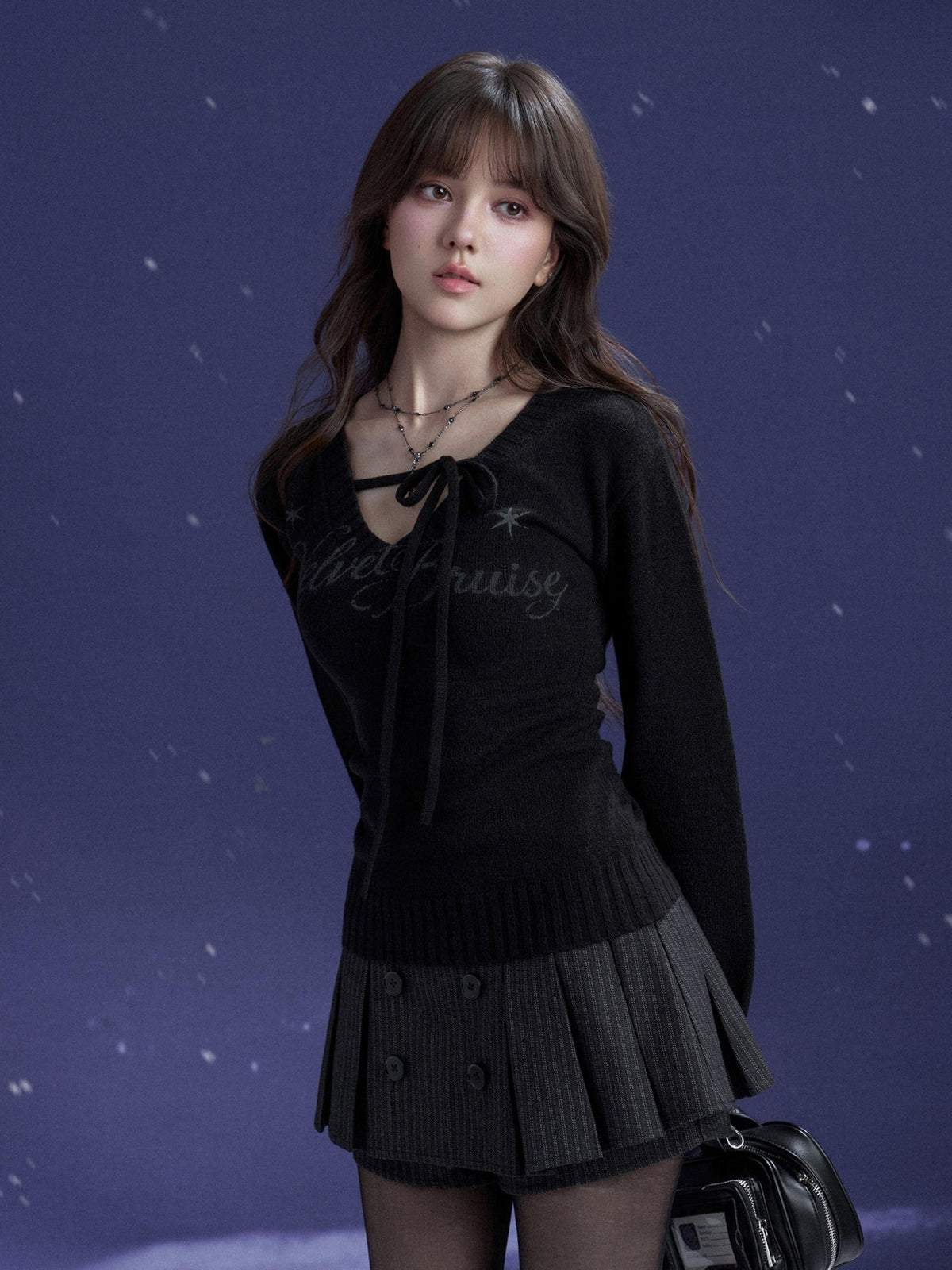 SagiDolls V-neck Lace Up Letter Print Lantern Sleeve Women's Polyester Sweaters