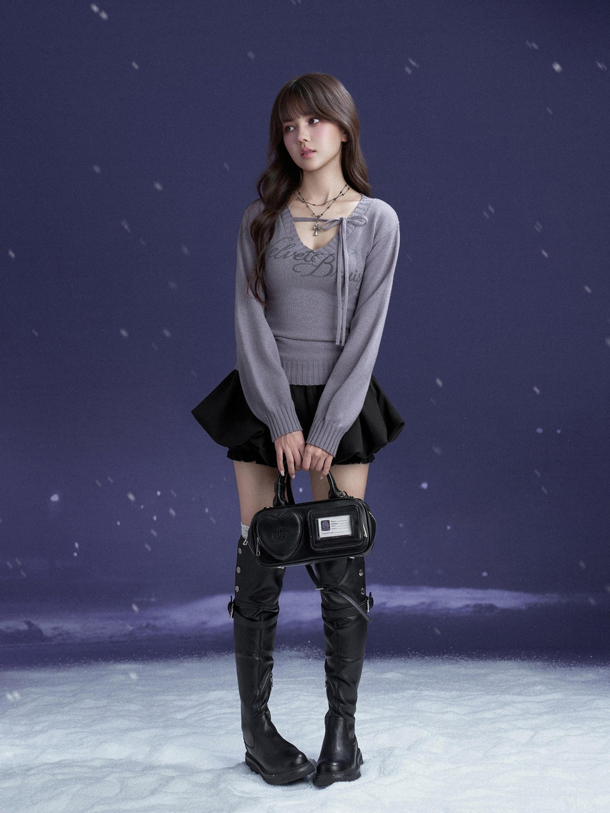 SagiDolls V-neck Lace Up Letter Print Lantern Sleeve Women's Polyester Sweaters