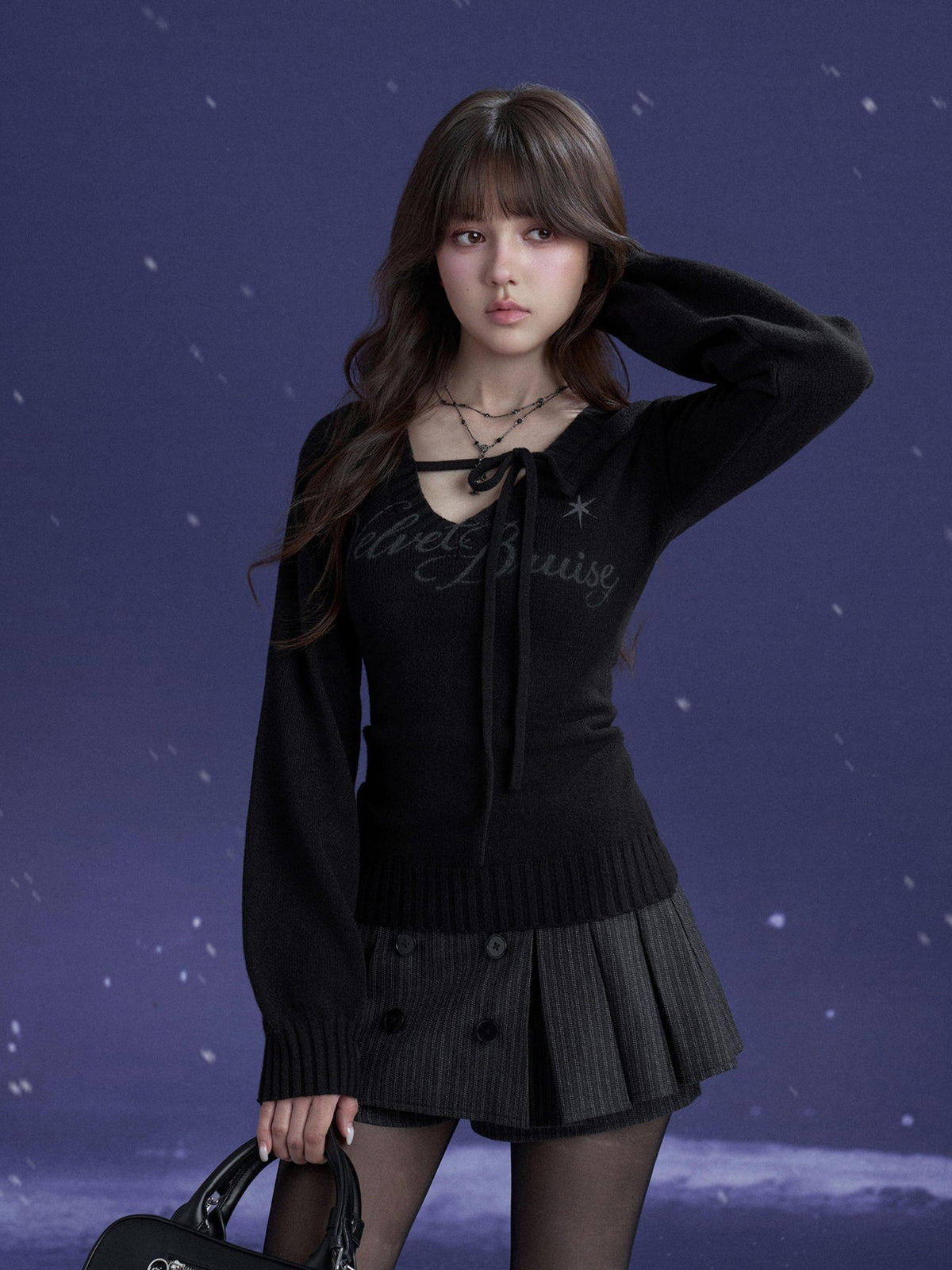 SagiDolls V-neck Lace Up Letter Print Lantern Sleeve Women's Polyester Sweaters