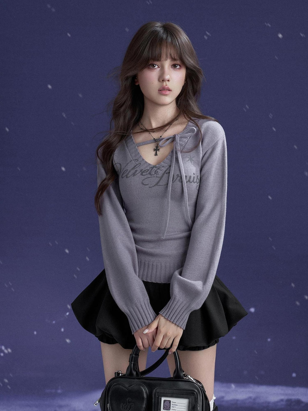 SagiDolls V-neck Lace Up Letter Print Lantern Sleeve Women's Polyester Sweaters