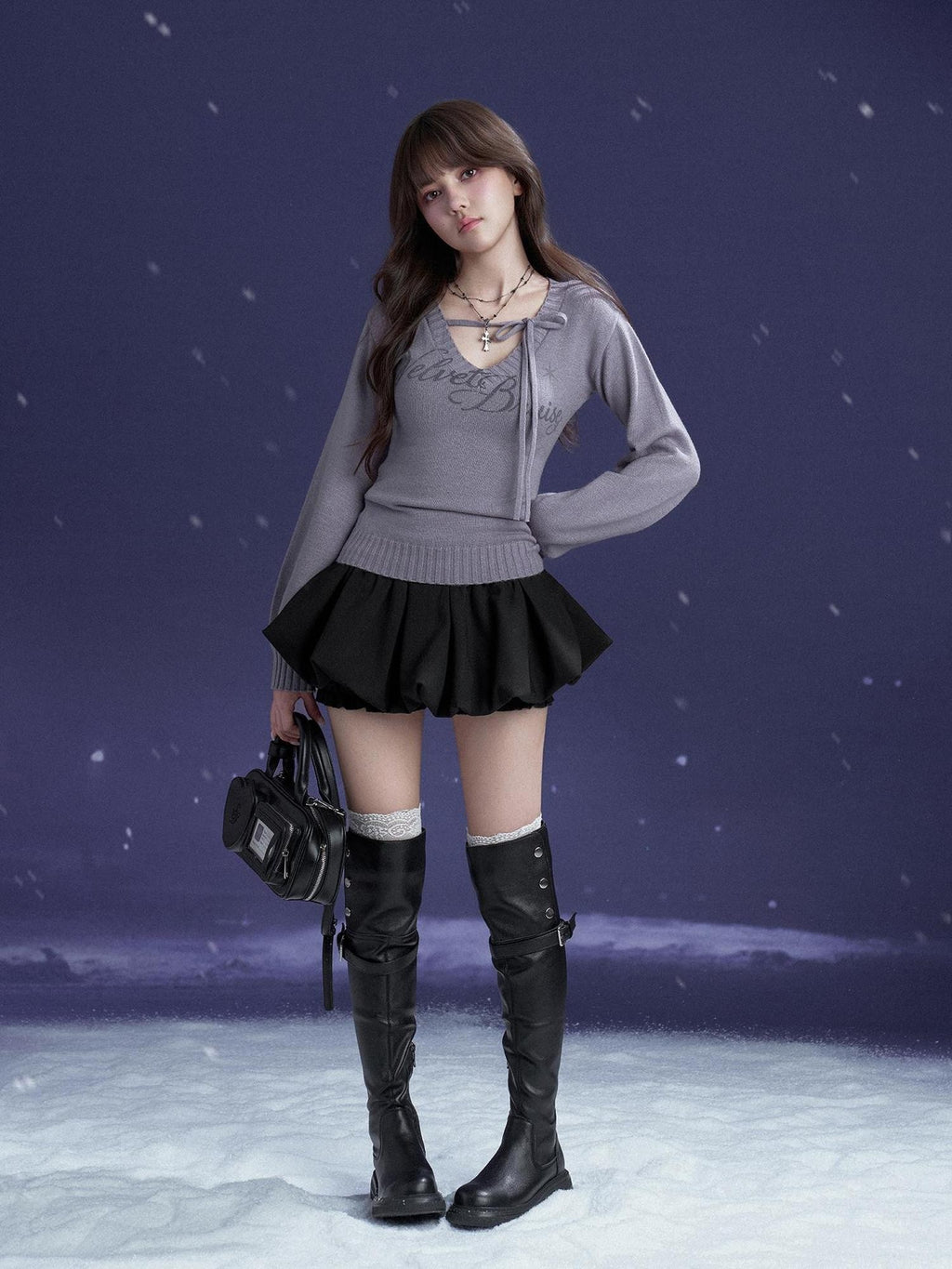 SagiDolls V-neck Lace Up Letter Print Lantern Sleeve Women's Polyester Sweaters