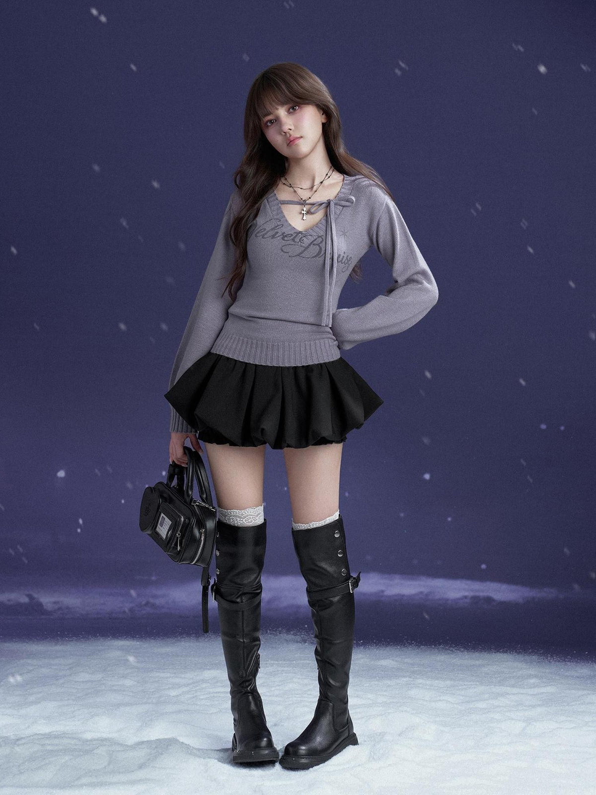 SagiDolls V-neck Lace Up Letter Print Lantern Sleeve Women's Polyester Sweaters