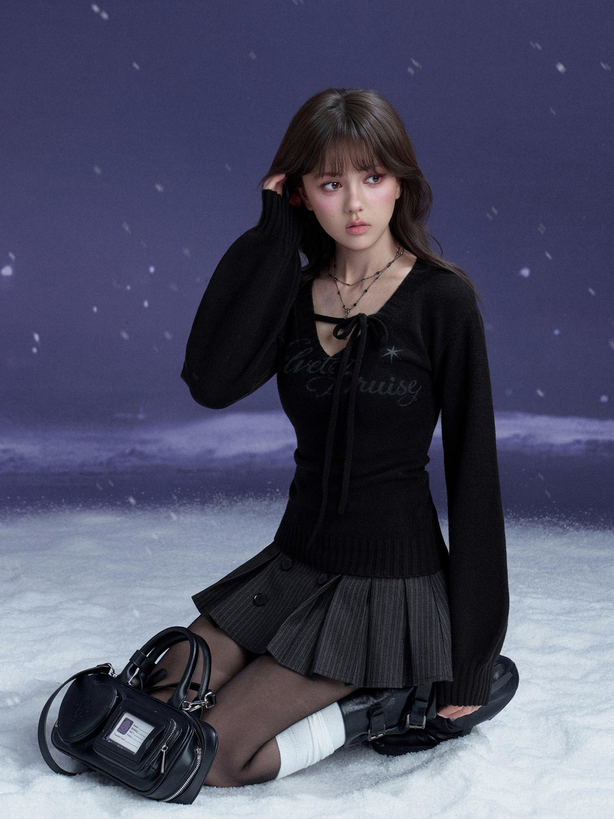 SagiDolls V-neck Lace Up Letter Print Lantern Sleeve Women's Polyester Sweaters