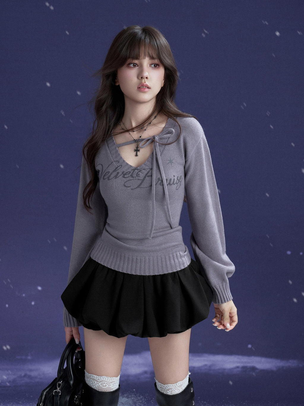SagiDolls V-neck Lace Up Letter Print Lantern Sleeve Women's Polyester Sweaters