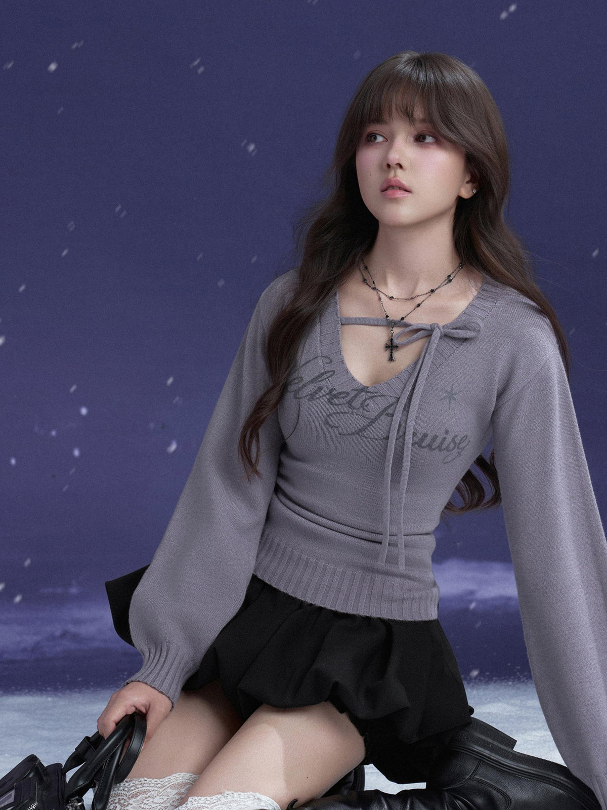 SagiDolls V-neck Lace Up Letter Print Lantern Sleeve Women's Polyester Sweaters