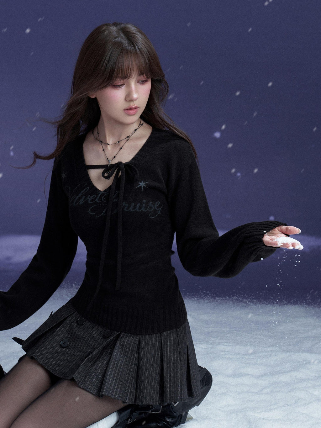 SagiDolls V-neck Lace Up Letter Print Lantern Sleeve Women's Polyester Sweaters