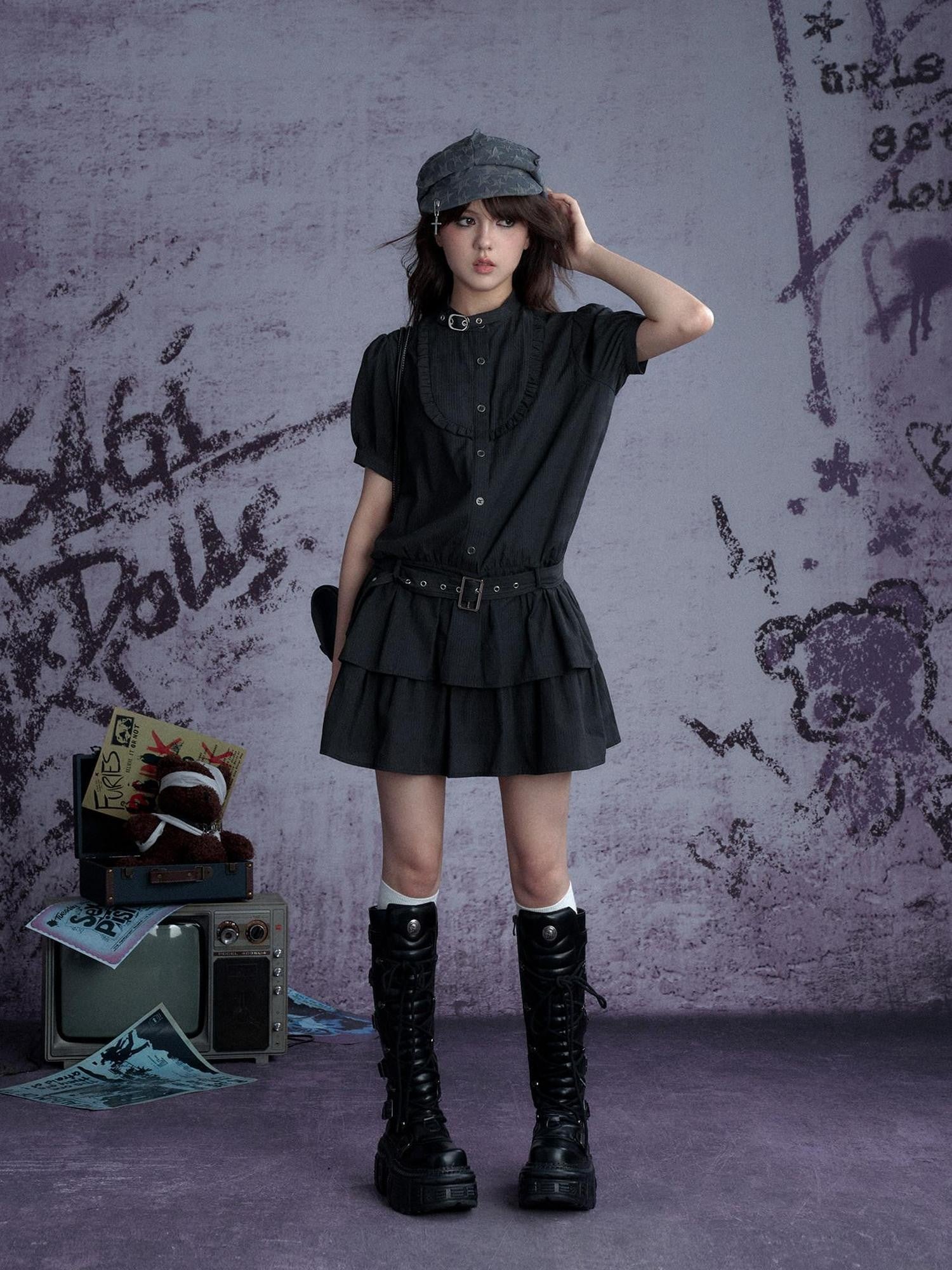 SagiDolls Vertical Stripe Lantern Sleeve Women's Poly Cotton Casual Mini Dresses