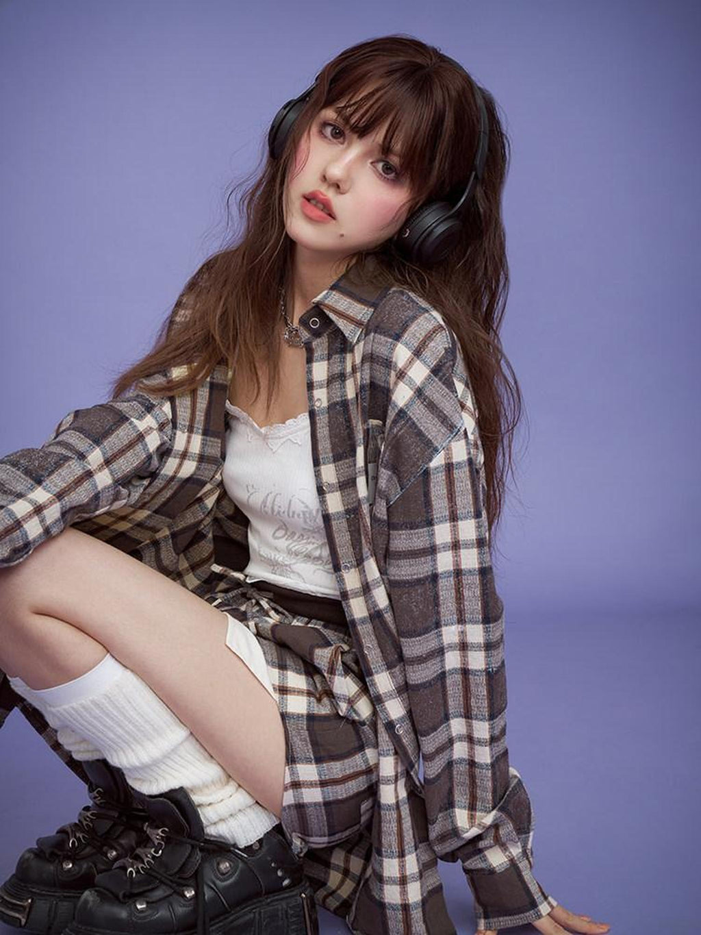 SagiDolls Vintage Brown Plaid Loose Pocket Point Collar Women's Cotton Linen Shirt Jackets