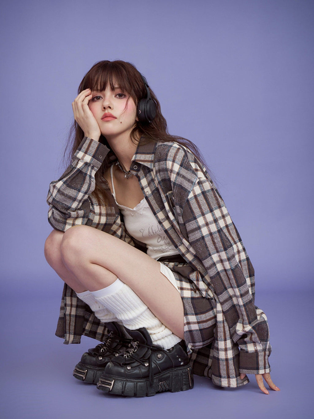 SagiDolls Vintage Brown Plaid Loose Pocket Point Collar Women's Cotton Linen Shirt Jackets