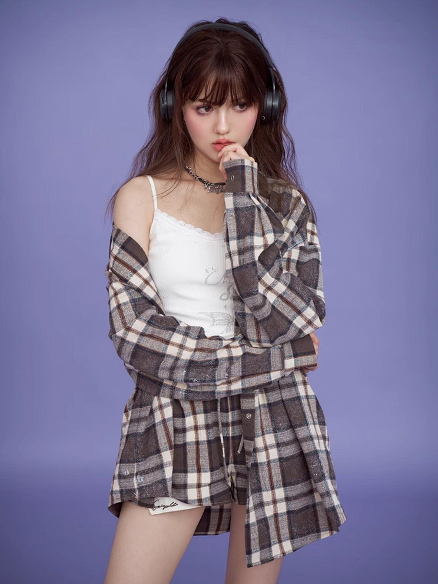 SagiDolls Vintage Brown Plaid Loose Pocket Point Collar Women's Cotton Linen Shirt Jackets