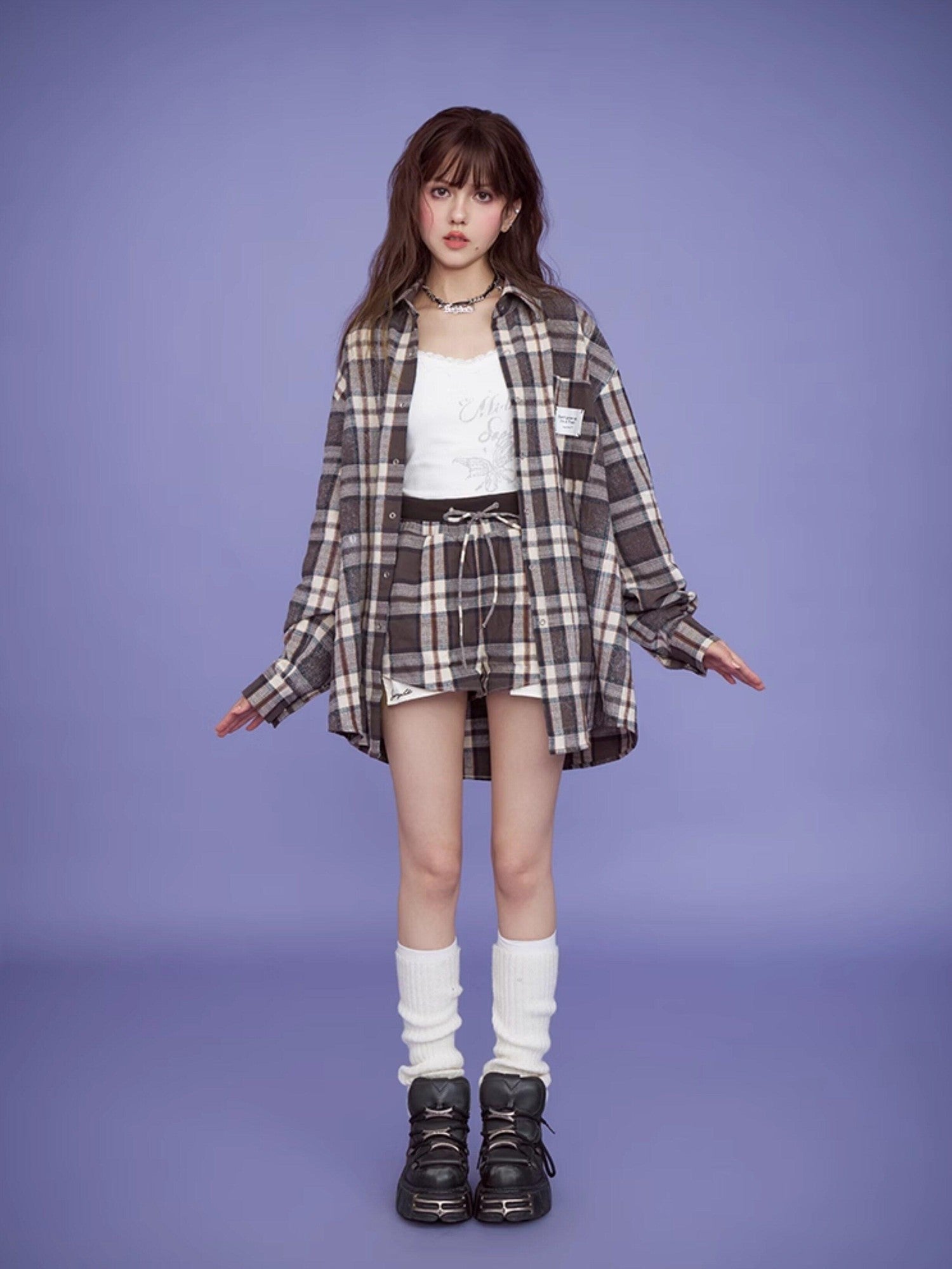 SagiDolls Vintage Brown Plaid Loose Pocket Point Collar Women's Cotton Linen Shirt Jackets