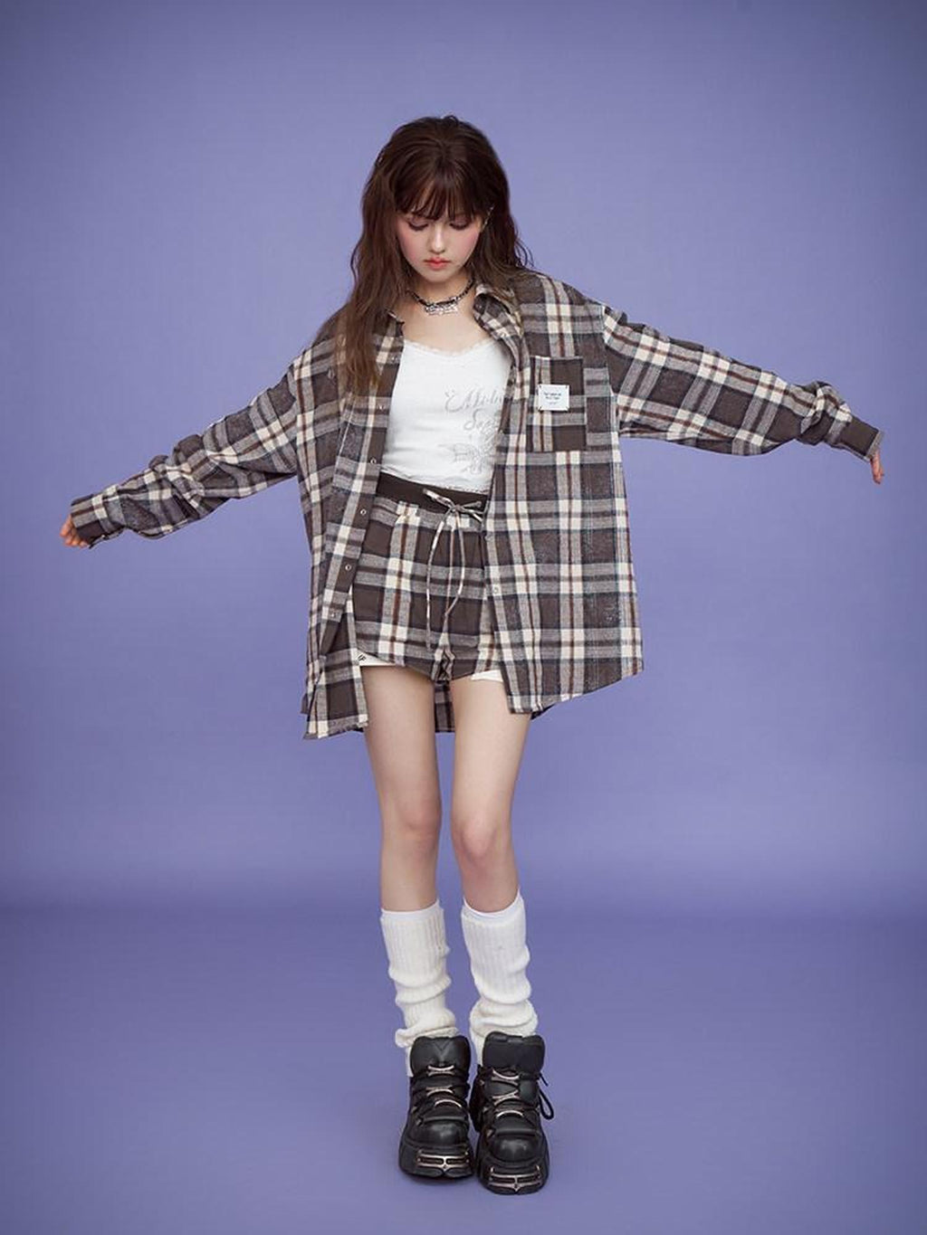 SagiDolls Vintage Brown Plaid Loose Pocket Point Collar Women's Cotton Linen Shirt Jackets