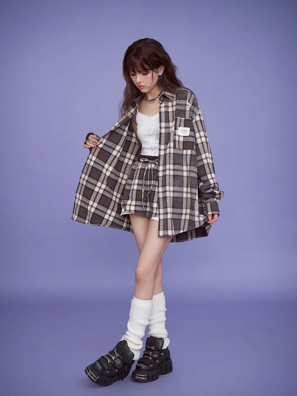 SagiDolls Vintage Brown Plaid Loose Pocket Point Collar Women's Cotton Linen Shirt Jackets