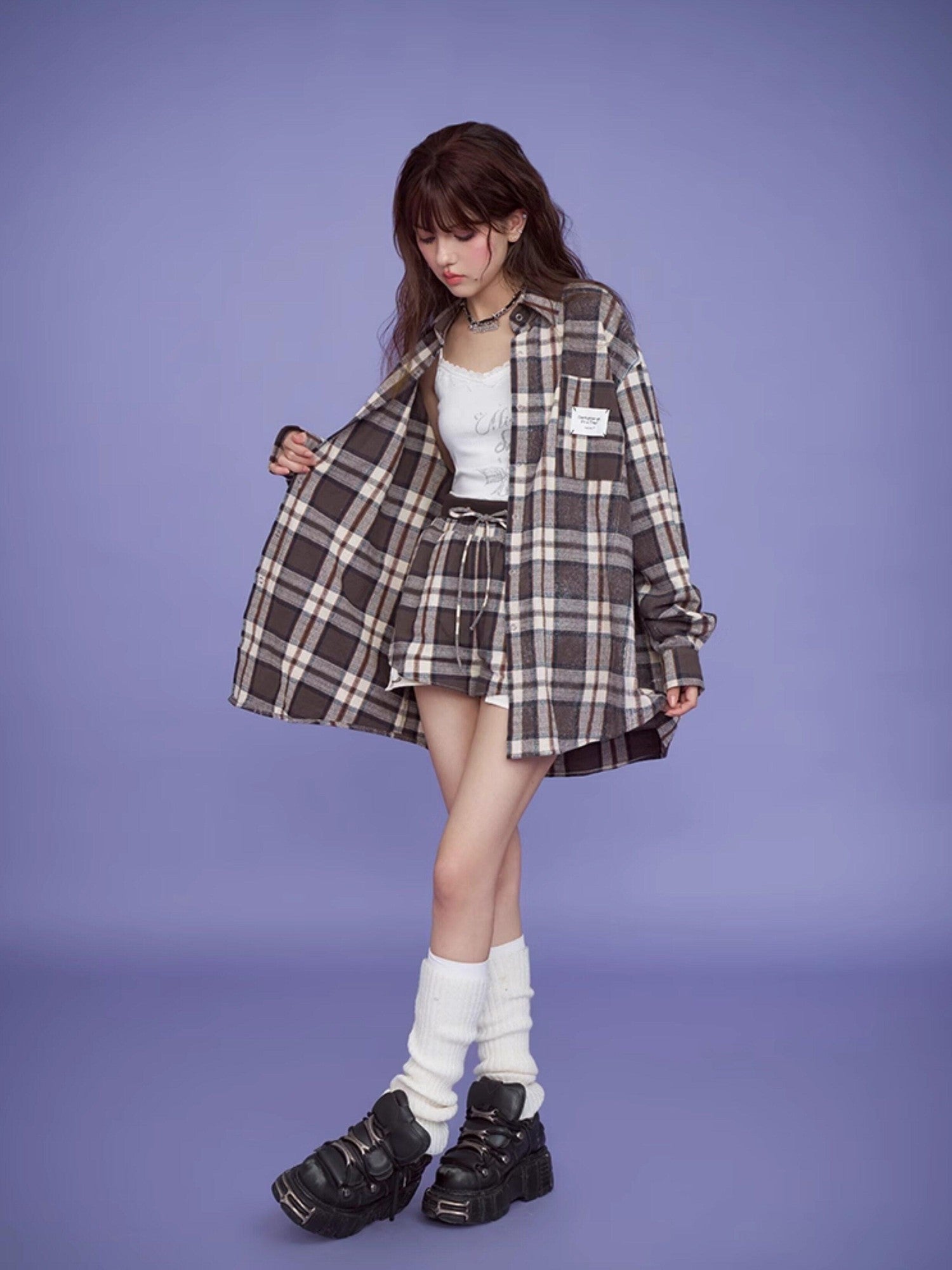 SagiDolls Vintage Brown Plaid Loose Pocket Point Collar Women's Cotton Linen Shirt Jackets