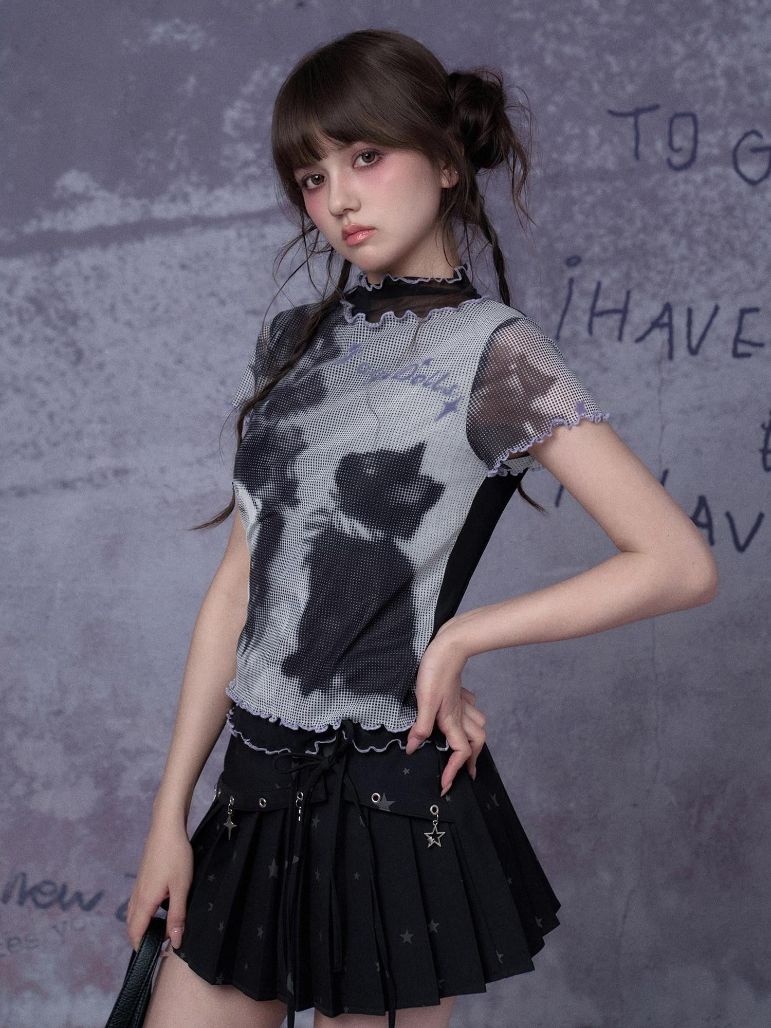 SagiDolls Vintage Cat Layered Mesh Print Women's Polyester Short Sleeve T-shirts