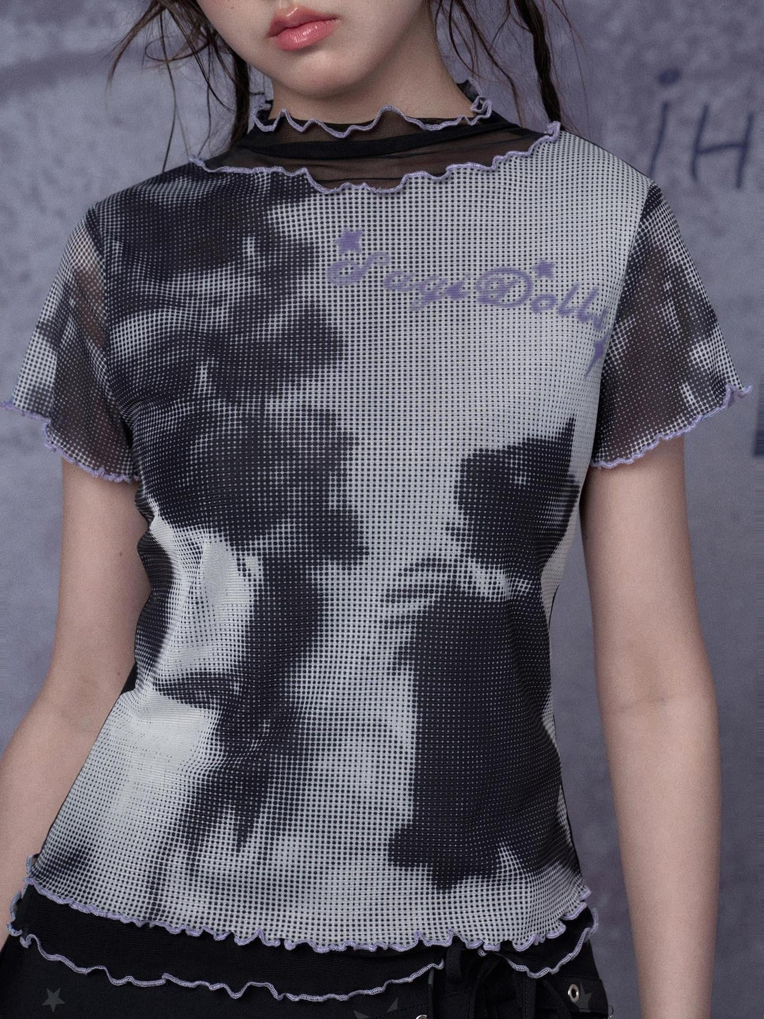 SagiDolls Vintage Cat Layered Mesh Print Women's Polyester Short Sleeve T-shirts