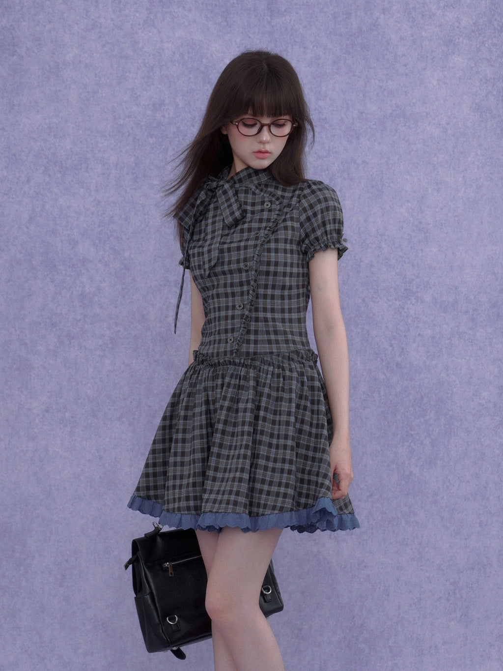 SagiDolls Vintage Plaid Asymmetrical Placket Large Bow Women's Casual Mini Dresses