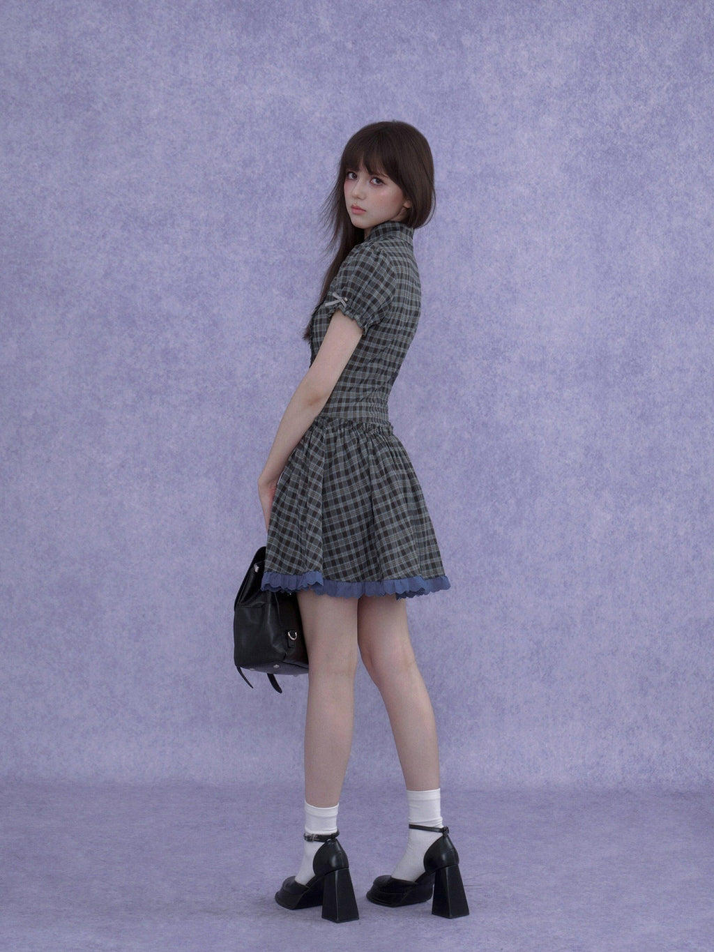 SagiDolls Vintage Plaid Asymmetrical Placket Large Bow Women's Casual Mini Dresses