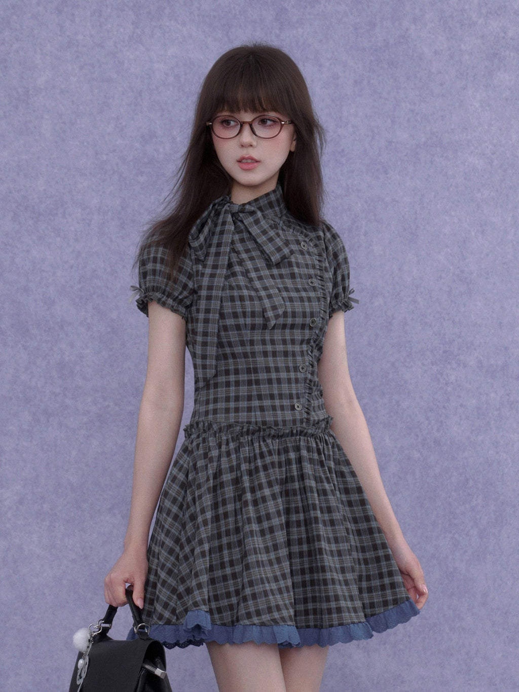 SagiDolls Vintage Plaid Asymmetrical Placket Large Bow Women's Casual Mini Dresses