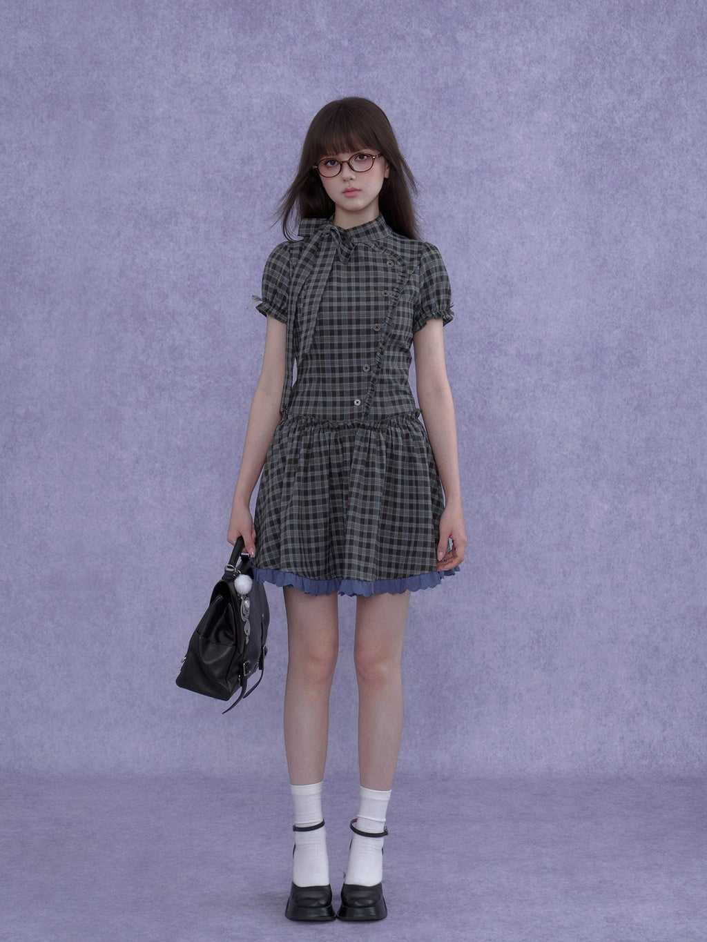 SagiDolls Vintage Plaid Asymmetrical Placket Large Bow Women's Casual Mini Dresses