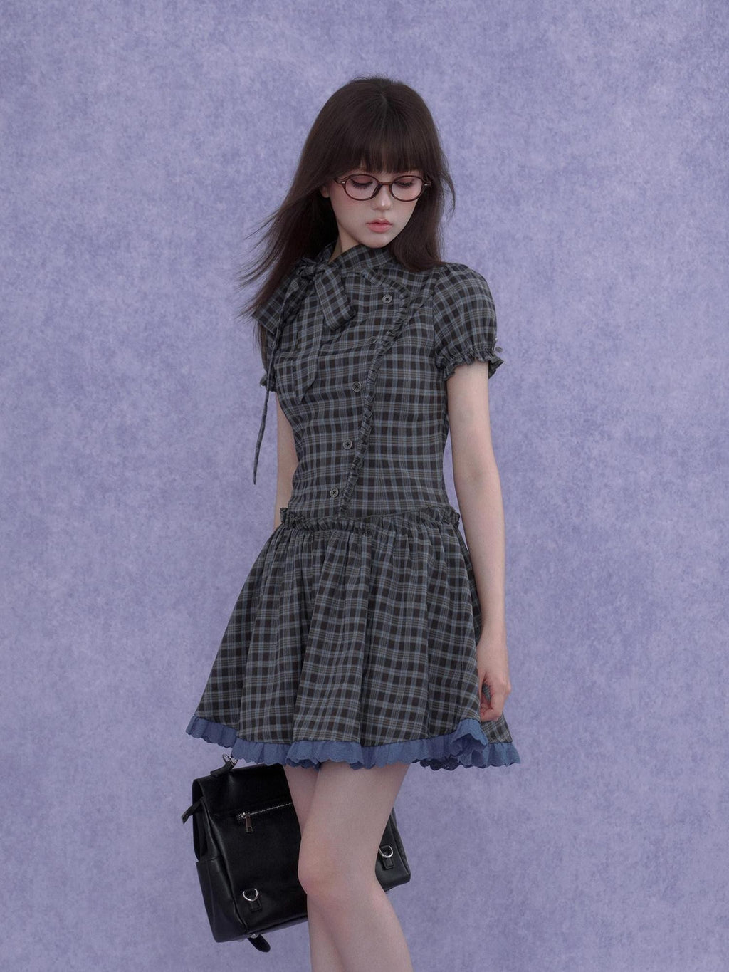 SagiDolls Vintage Plaid Asymmetrical Placket Large Bow Women's Casual Mini Dresses